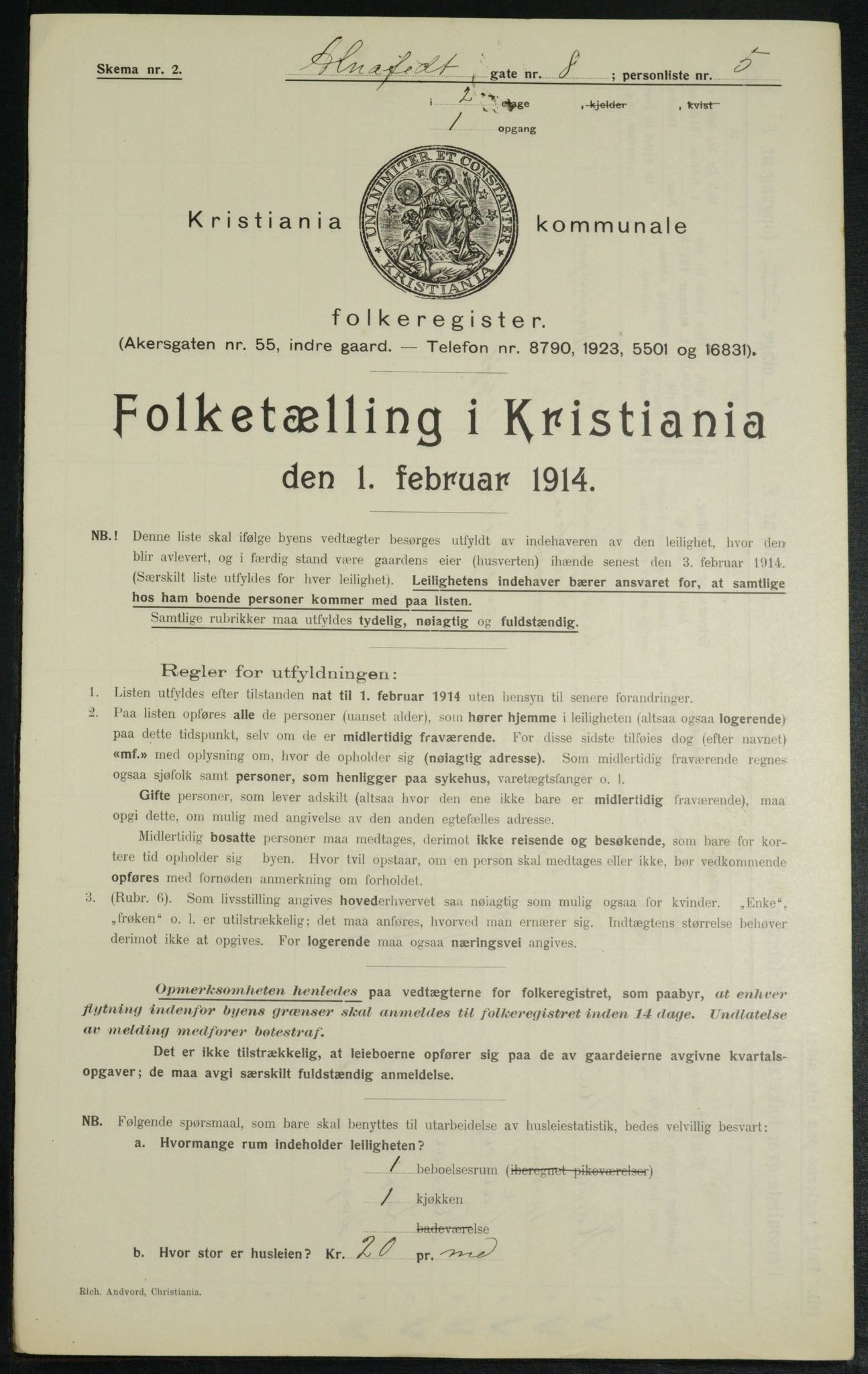 OBA, Municipal Census 1914 for Kristiania, 1914, p. 1168