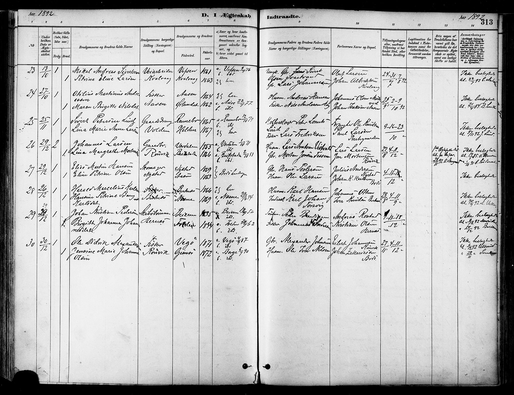 Ministerialprotokoller, klokkerbøker og fødselsregistre - Nordland, SAT/A-1459/802/L0054: Parish register (official) no. 802A01, 1879-1893, p. 313