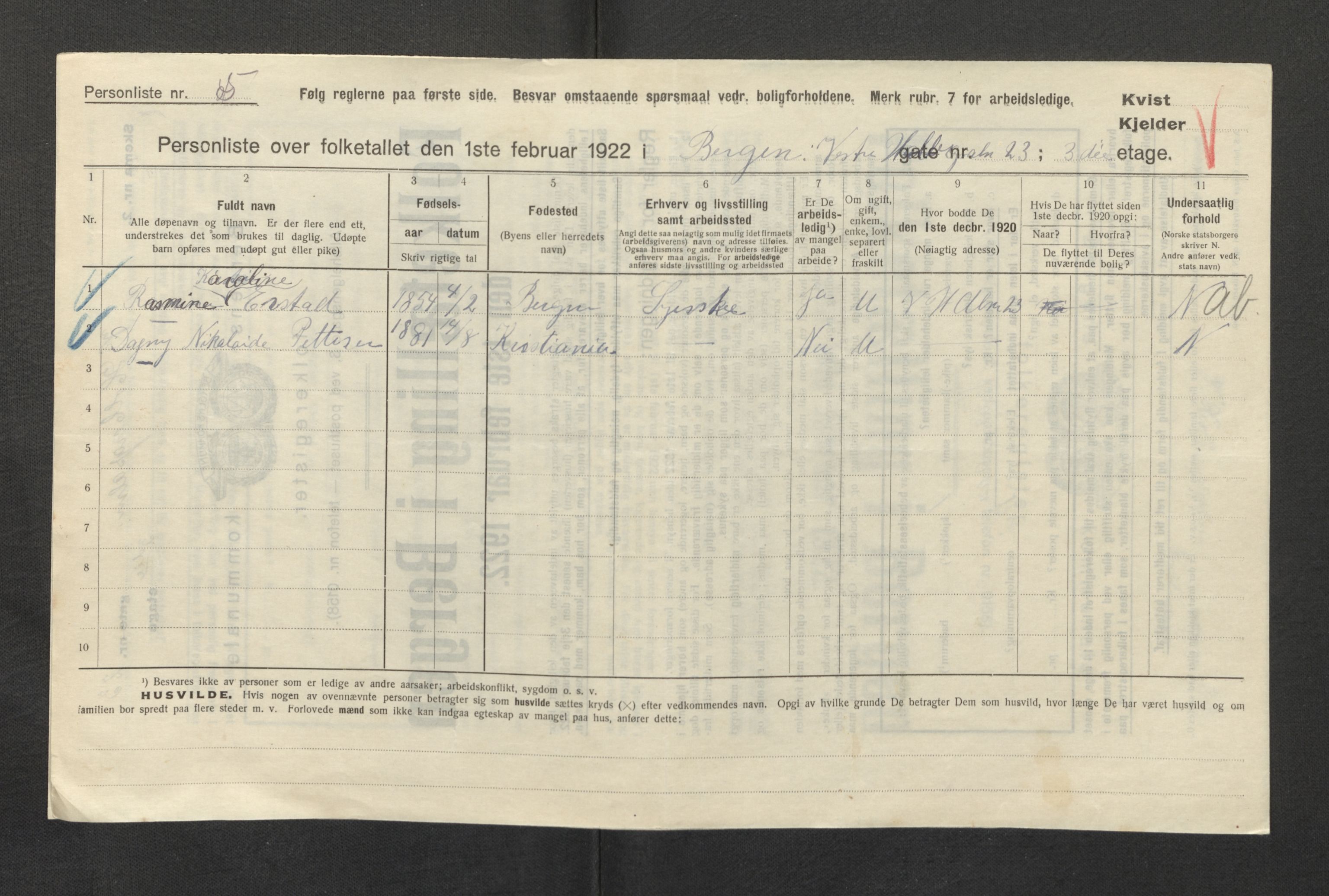 SAB, Municipal Census 1922 for Bergen, 1922, p. 15416