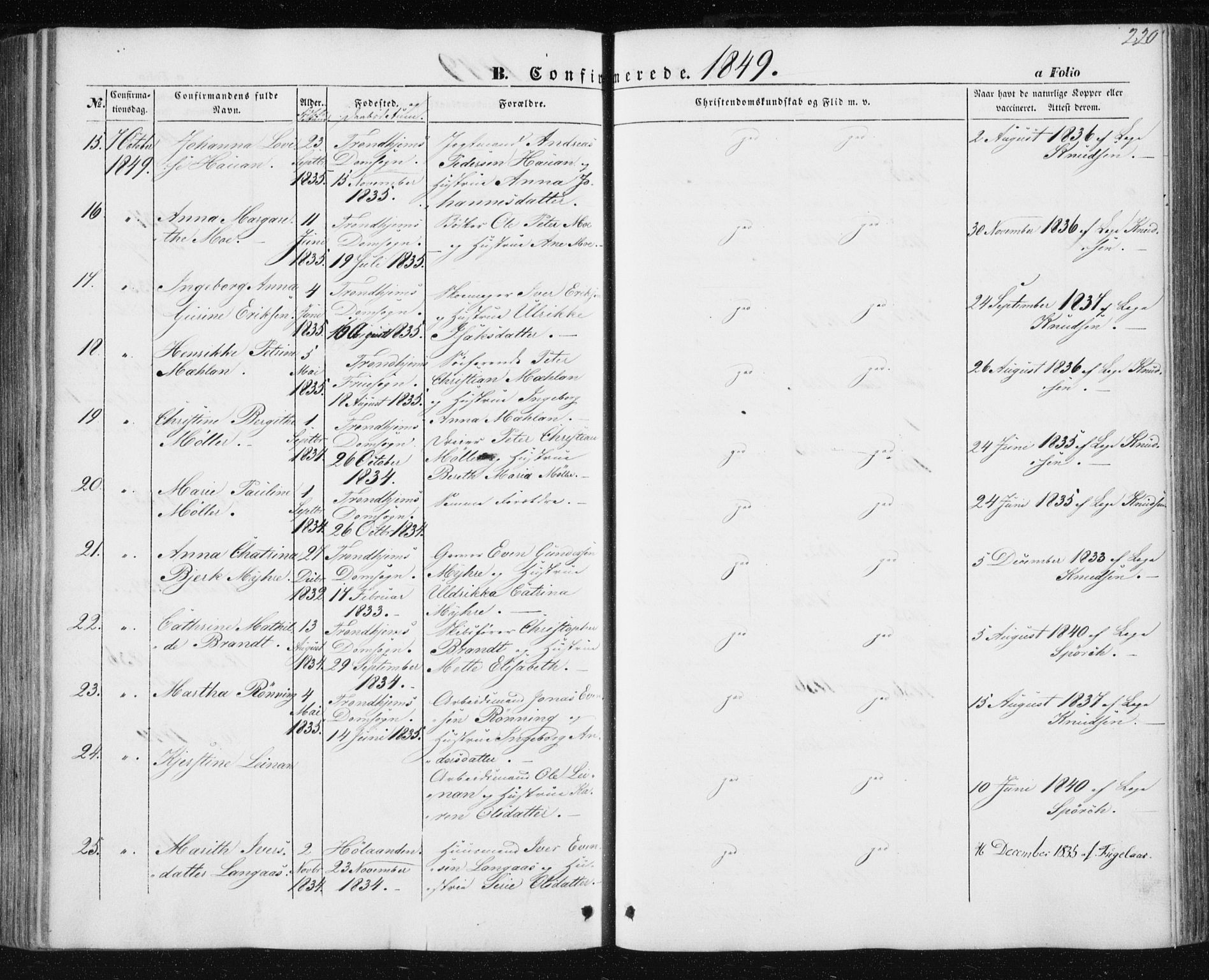 Ministerialprotokoller, klokkerbøker og fødselsregistre - Sør-Trøndelag, SAT/A-1456/602/L0112: Parish register (official) no. 602A10, 1848-1859, p. 220