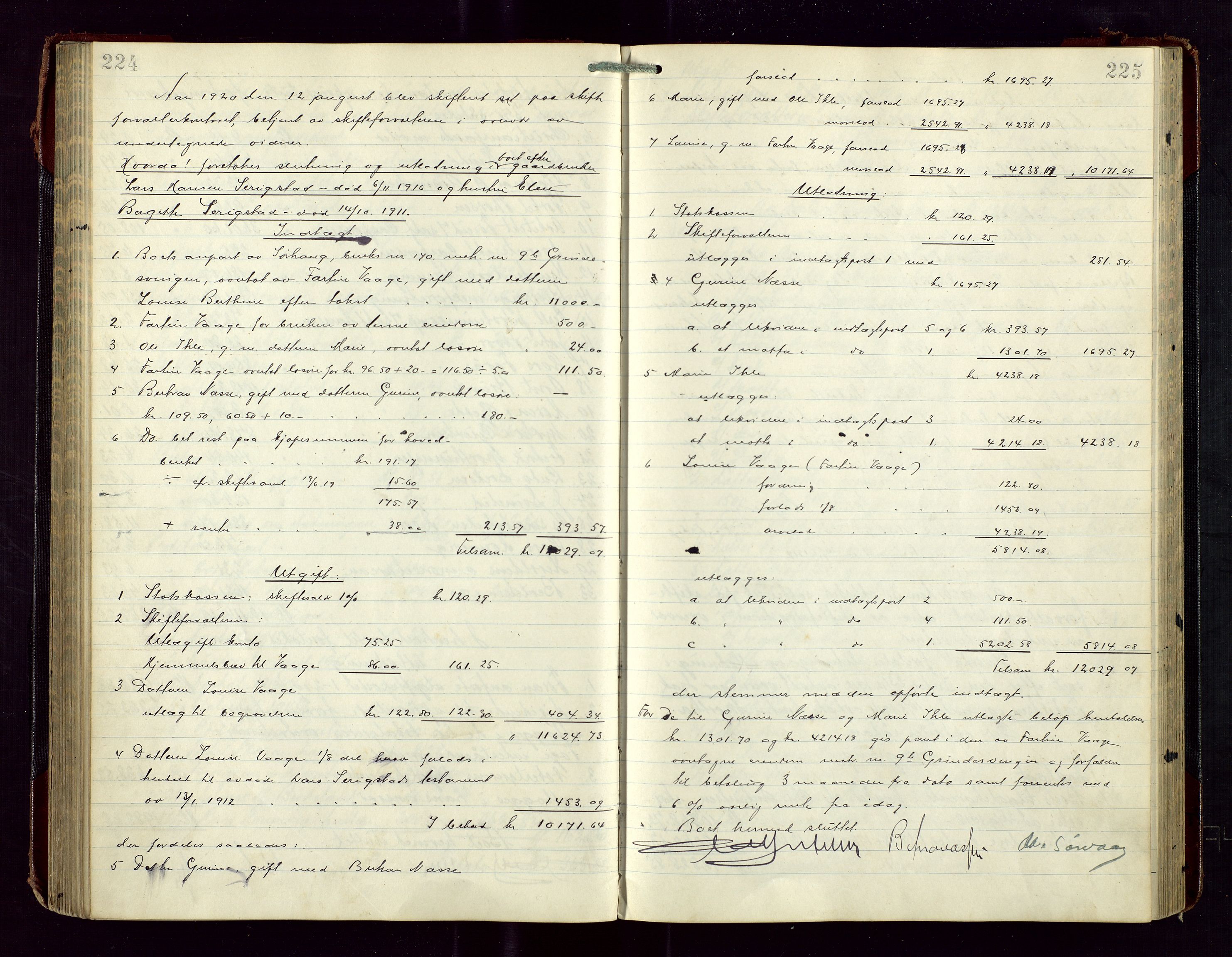 Haugesund tingrett, AV/SAST-A-101415/01/IV/IVD/L0003: Skifteutlodningsprotokoll, med register, 1915-1924, p. 224-225