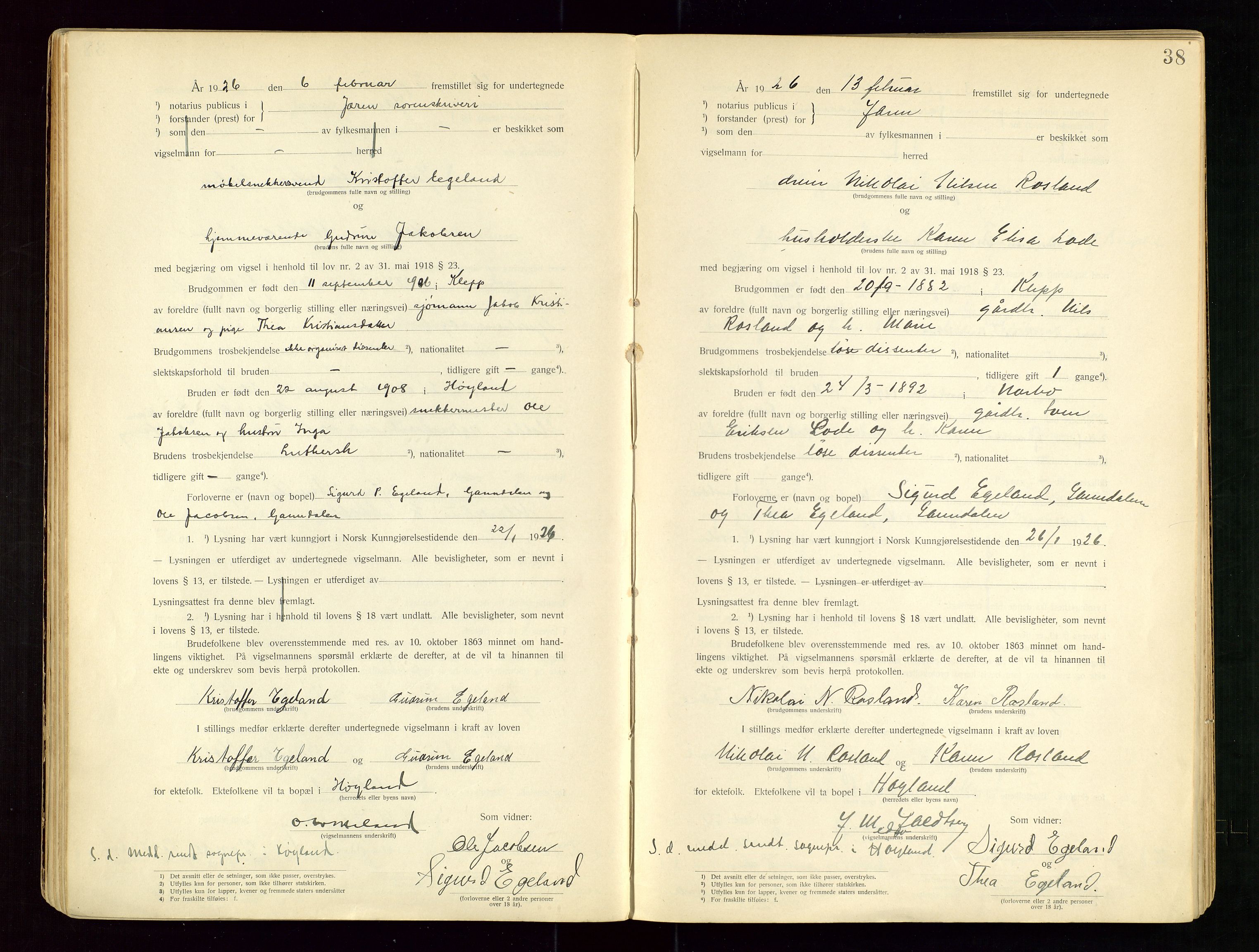 Jæren sorenskriveri, AV/SAST-A-100310/01/6/62/62BA/L0001: VIGSELSPROTOKOLL, 1920-1937, p. 38
