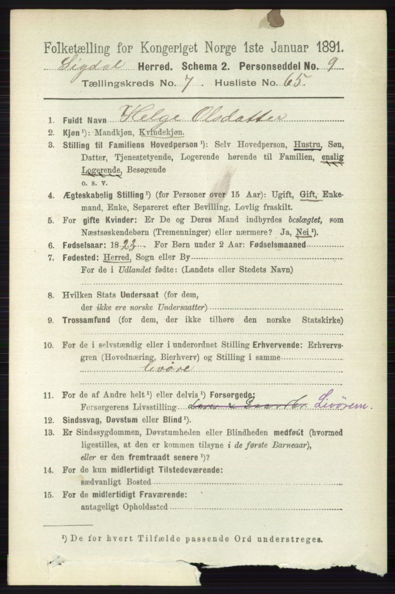 RA, 1891 census for 0621 Sigdal, 1891, p. 3098