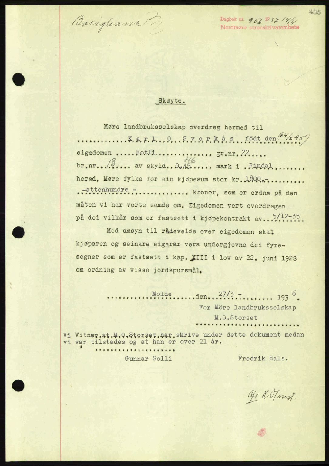 Nordmøre sorenskriveri, AV/SAT-A-4132/1/2/2Ca: Mortgage book no. A81, 1937-1937, Diary no: : 956/1937