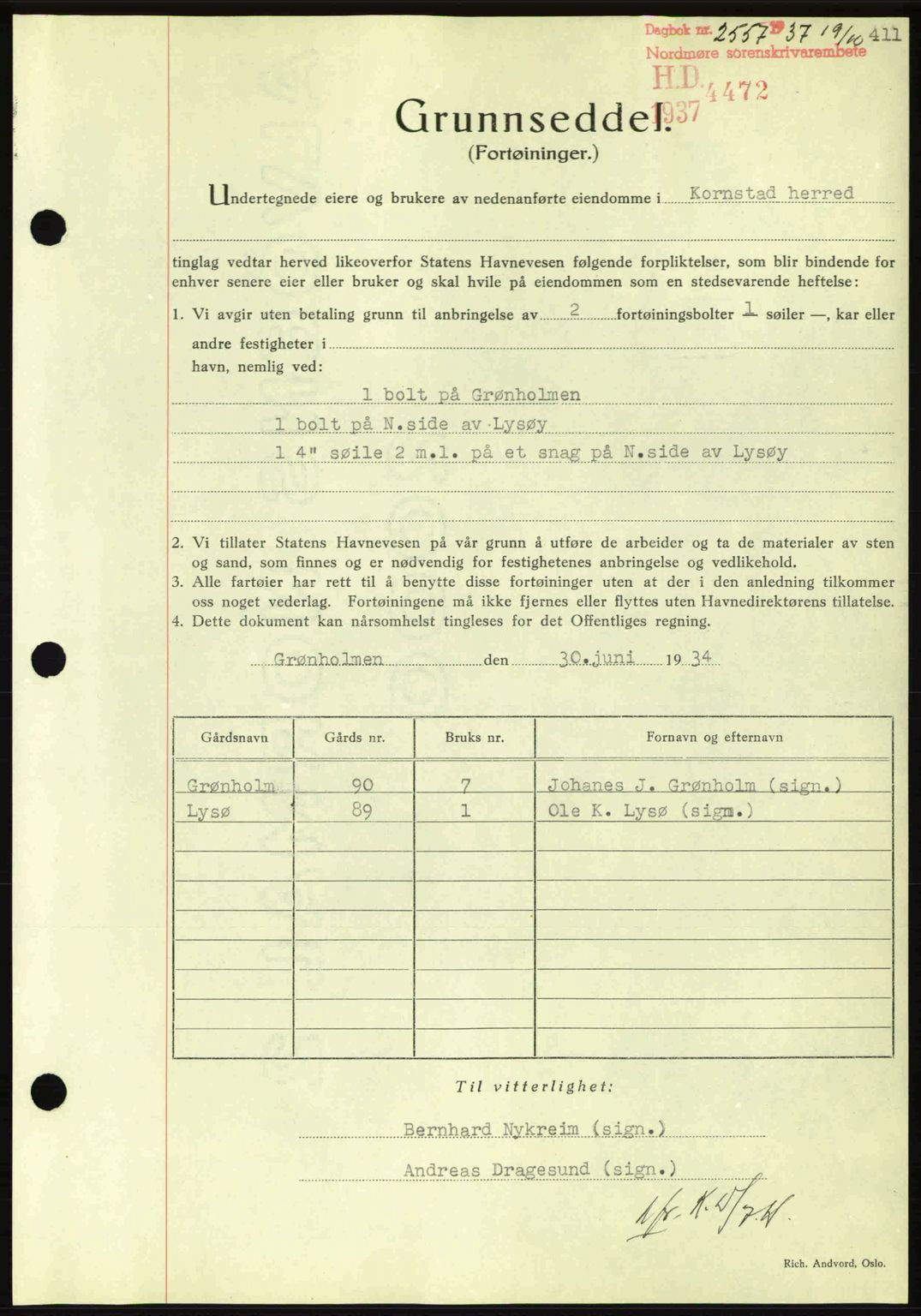 Nordmøre sorenskriveri, AV/SAT-A-4132/1/2/2Ca: Mortgage book no. A82, 1937-1938, Diary no: : 2557/1937