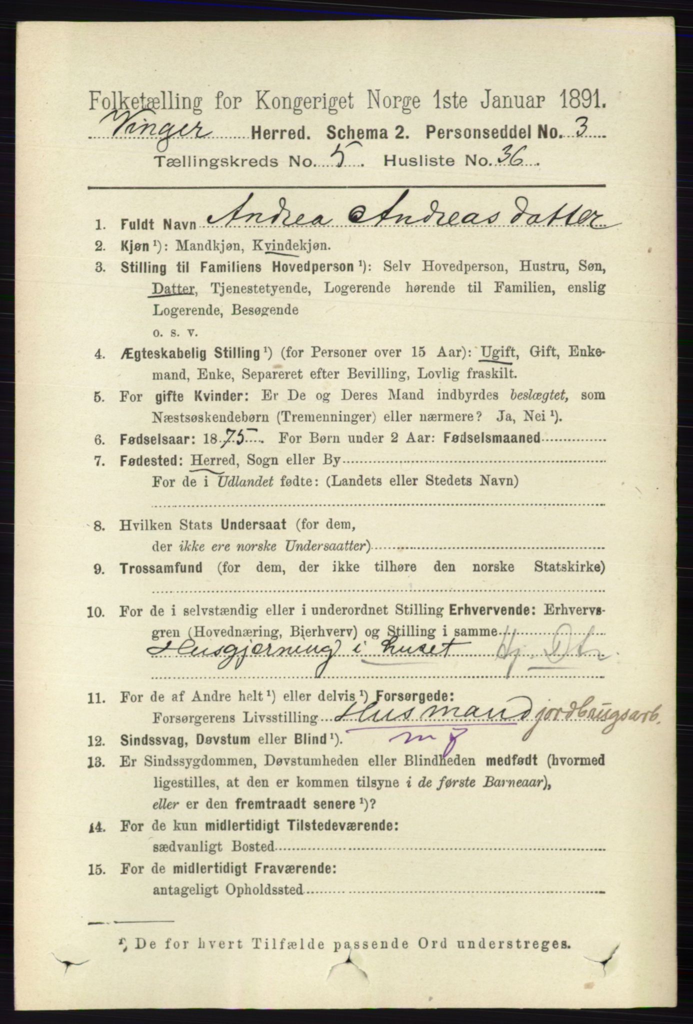 RA, 1891 census for 0421 Vinger, 1891, p. 2248