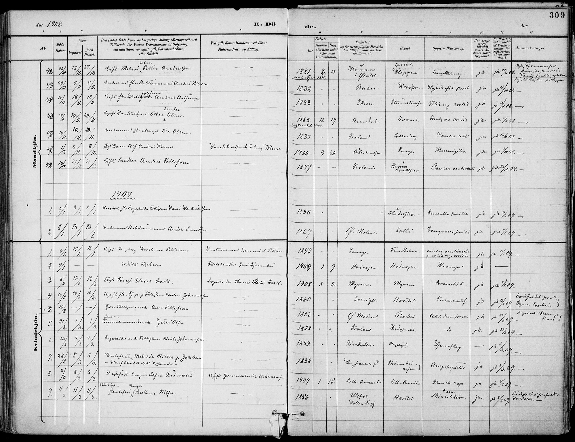 Barbu sokneprestkontor, SAK/1111-0003/F/Fa/L0005: Parish register (official) no. A 5, 1899-1909, p. 309