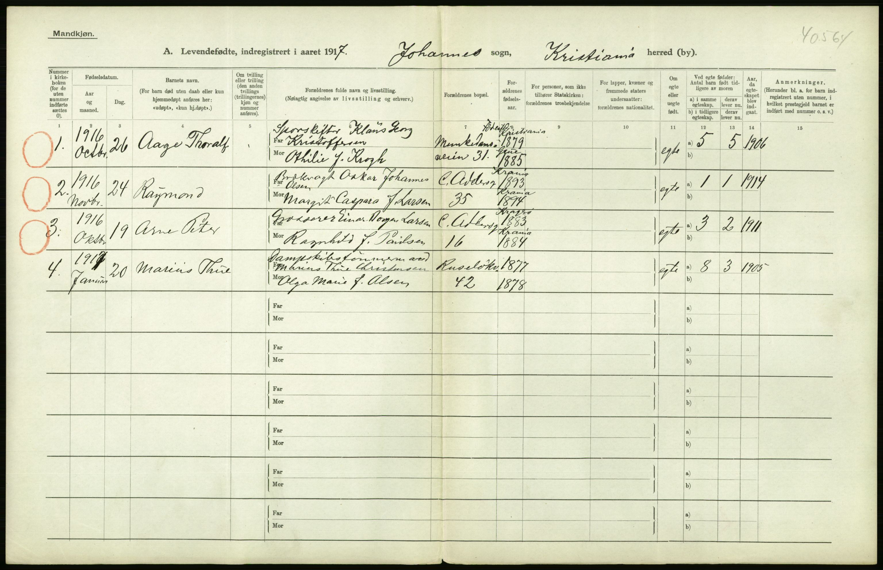 Statistisk sentralbyrå, Sosiodemografiske emner, Befolkning, RA/S-2228/D/Df/Dfb/Dfbg/L0007: Kristiania: Levendefødte menn og kvinner., 1917, p. 332