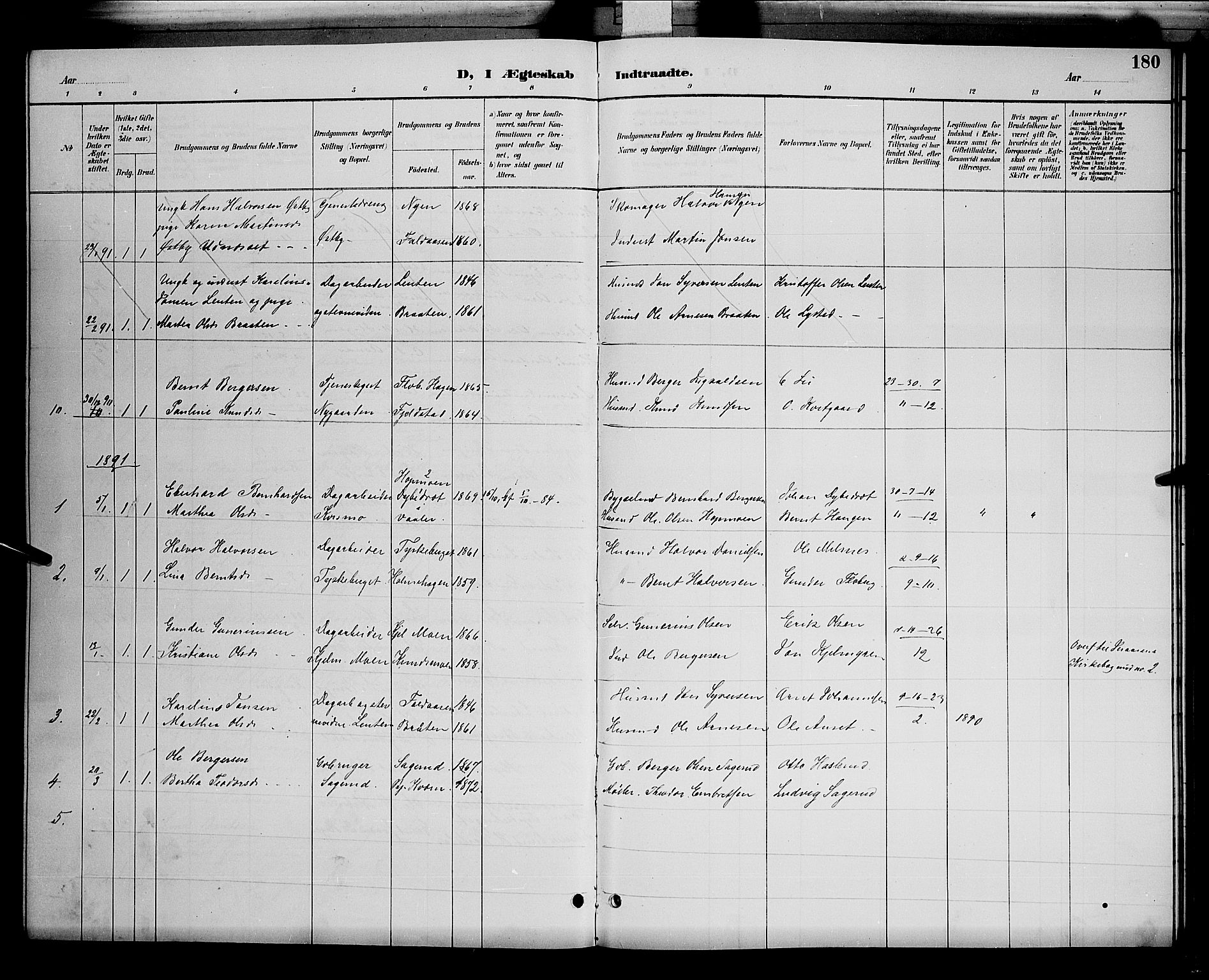 Åsnes prestekontor, SAH/PREST-042/H/Ha/Hab/L0001: Parish register (copy) no. 1, 1890-1891, p. 180