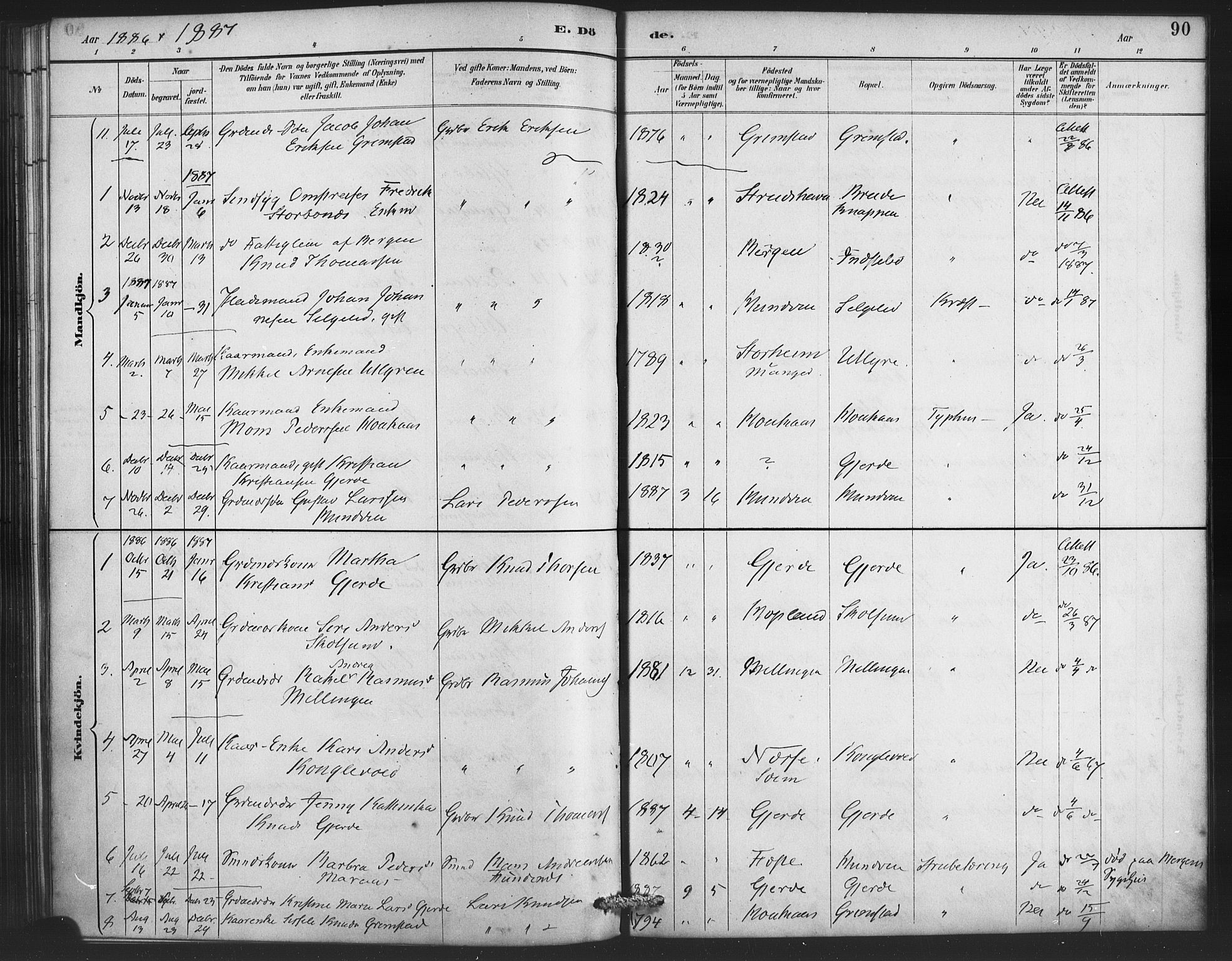 Lindås Sokneprestembete, SAB/A-76701/H/Haa: Parish register (official) no. E 1, 1886-1897, p. 90