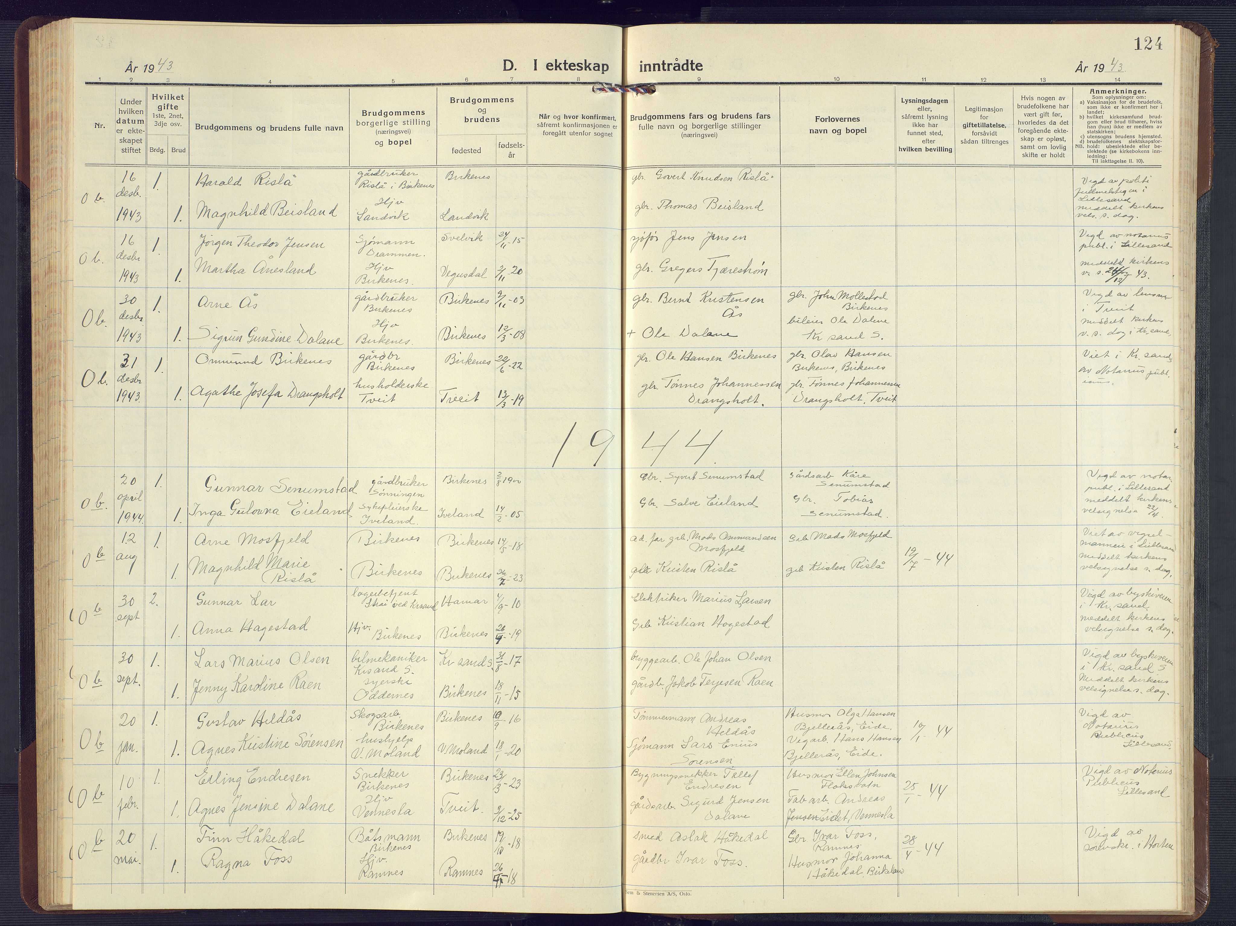 Birkenes sokneprestkontor, SAK/1111-0004/F/Fb/L0005: Parish register (copy) no. B 5, 1930-1957, p. 124