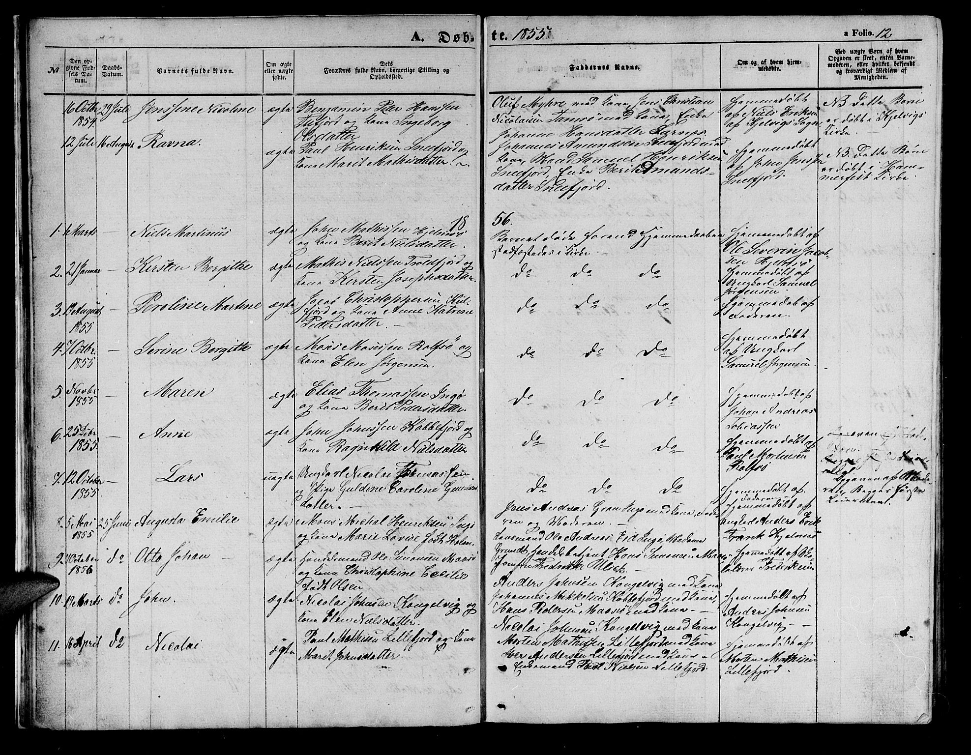Måsøy sokneprestkontor, SATØ/S-1348/H/Hb/L0001klokker: Parish register (copy) no. 1, 1852-1877, p. 12