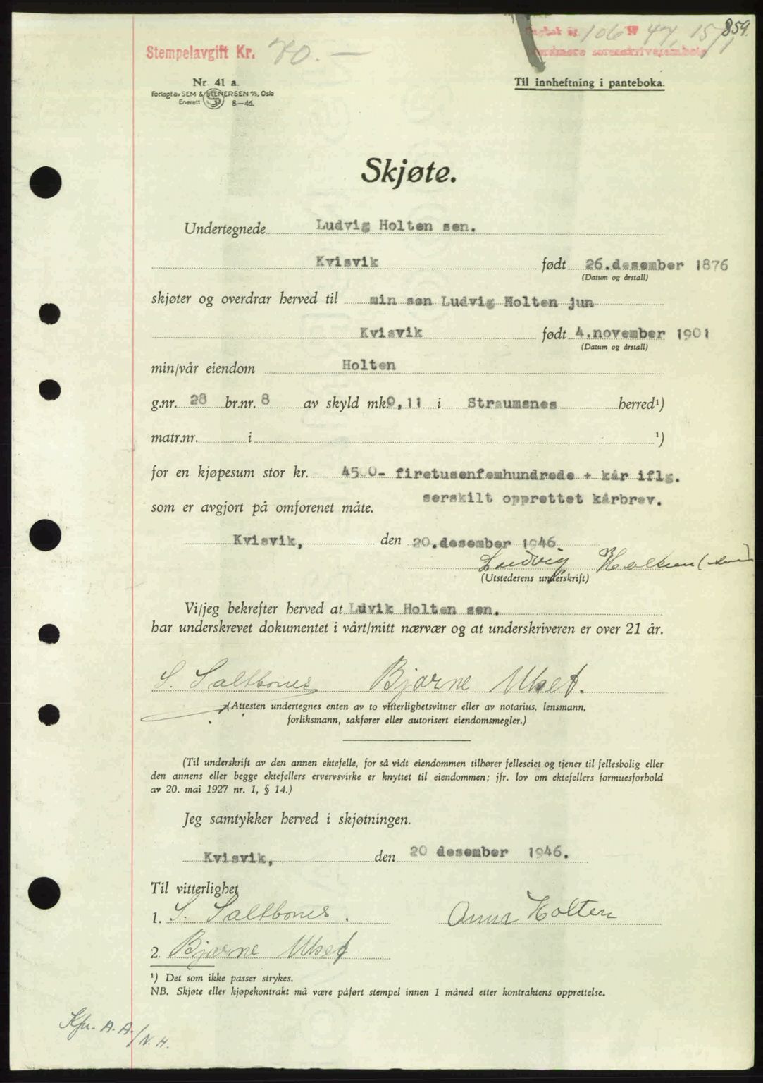 Nordmøre sorenskriveri, AV/SAT-A-4132/1/2/2Ca: Mortgage book no. A103, 1946-1947, Diary no: : 106/1947