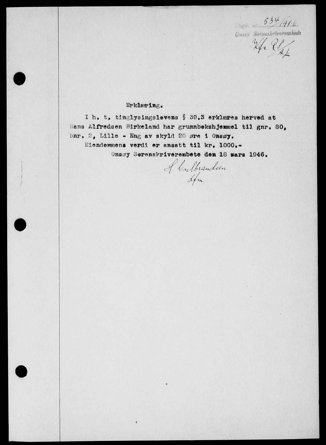 Onsøy sorenskriveri, SAO/A-10474/G/Ga/Gab/L0015: Mortgage book no. II A-15, 1945-1946, Diary no: : 534/1946