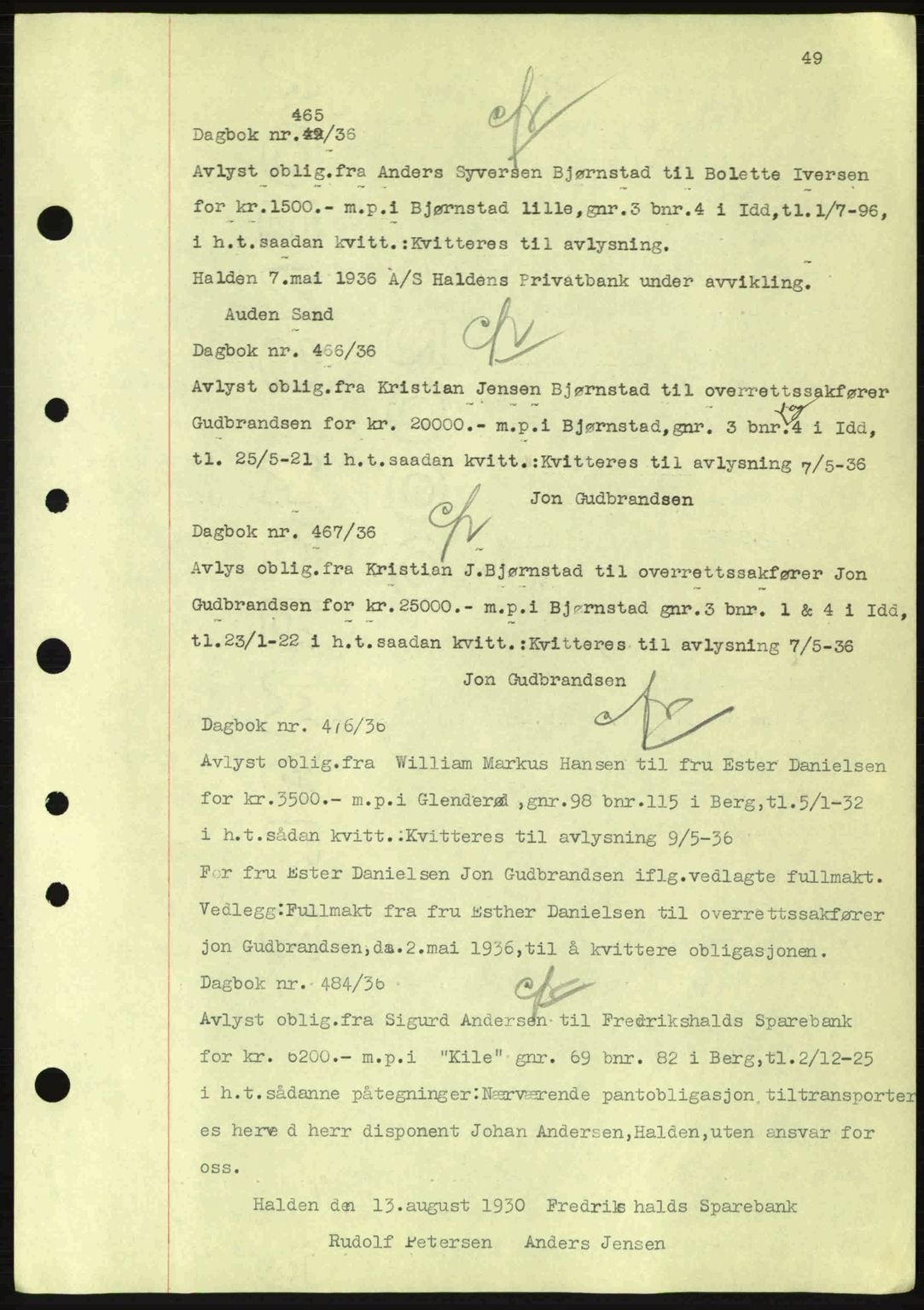 Idd og Marker sorenskriveri, AV/SAO-A-10283/G/Gb/Gbc/L0001: Mortgage book no. B1-3, 1936-1939, Diary no: : 465/1936