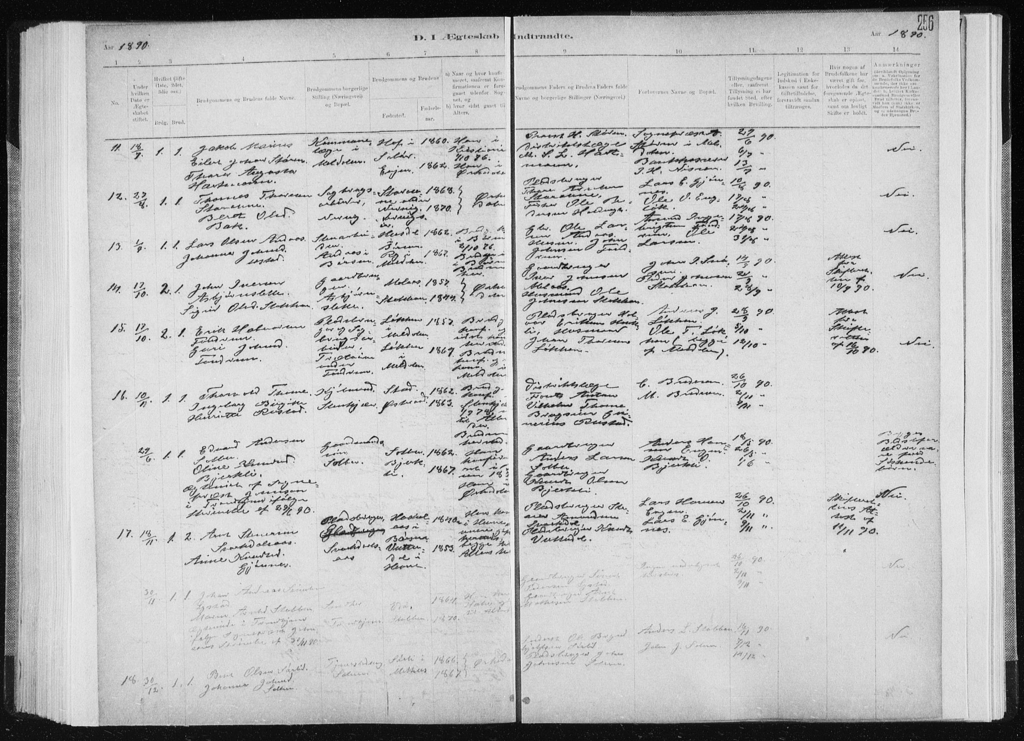 Ministerialprotokoller, klokkerbøker og fødselsregistre - Sør-Trøndelag, SAT/A-1456/668/L0818: Parish register (copy) no. 668C07, 1885-1898, p. 256