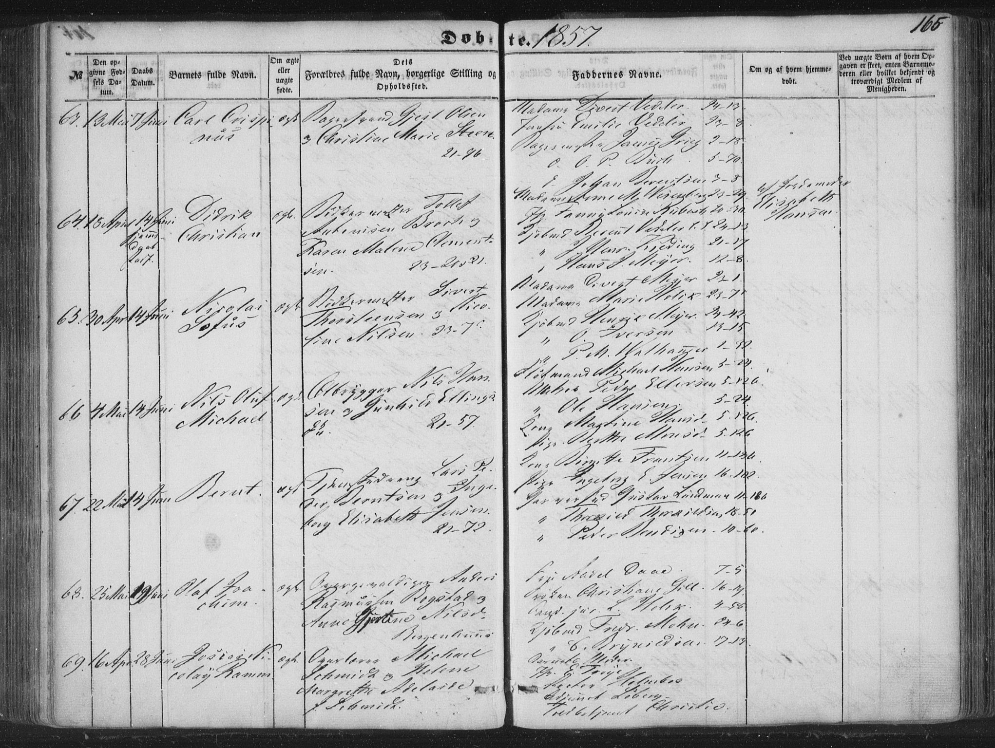 Korskirken sokneprestembete, AV/SAB-A-76101/H/Haa/L0017: Parish register (official) no. B 3, 1851-1857, p. 165