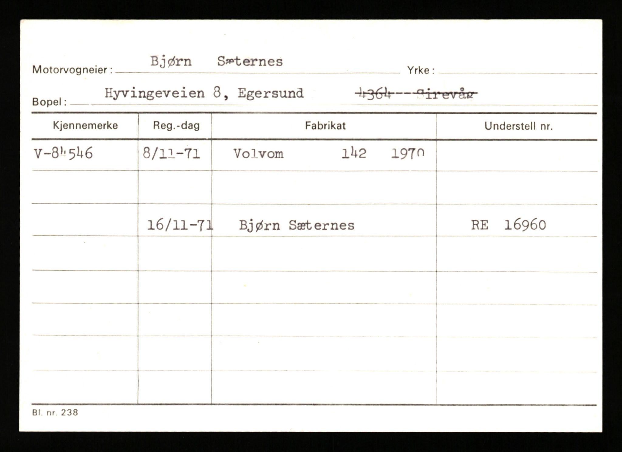 Stavanger trafikkstasjon, AV/SAST-A-101942/0/G/L0009: Registreringsnummer: 84546 - 129961, 1930-1971, p. 1