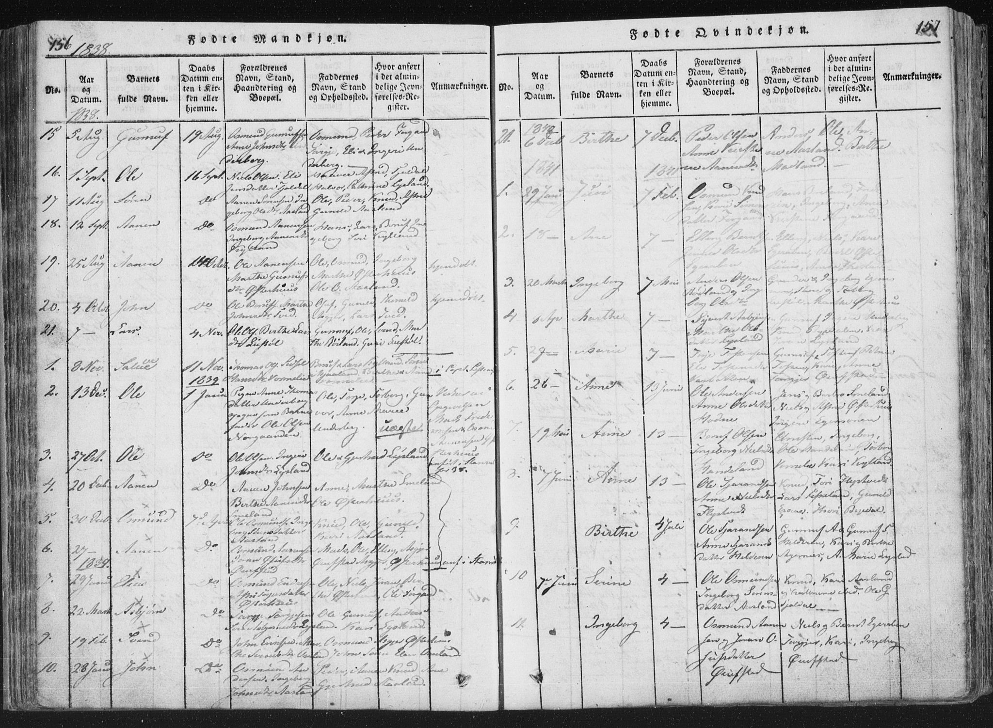 Åseral sokneprestkontor, SAK/1111-0051/F/Fa/L0001: Parish register (official) no. A 1, 1815-1853, p. 156-157