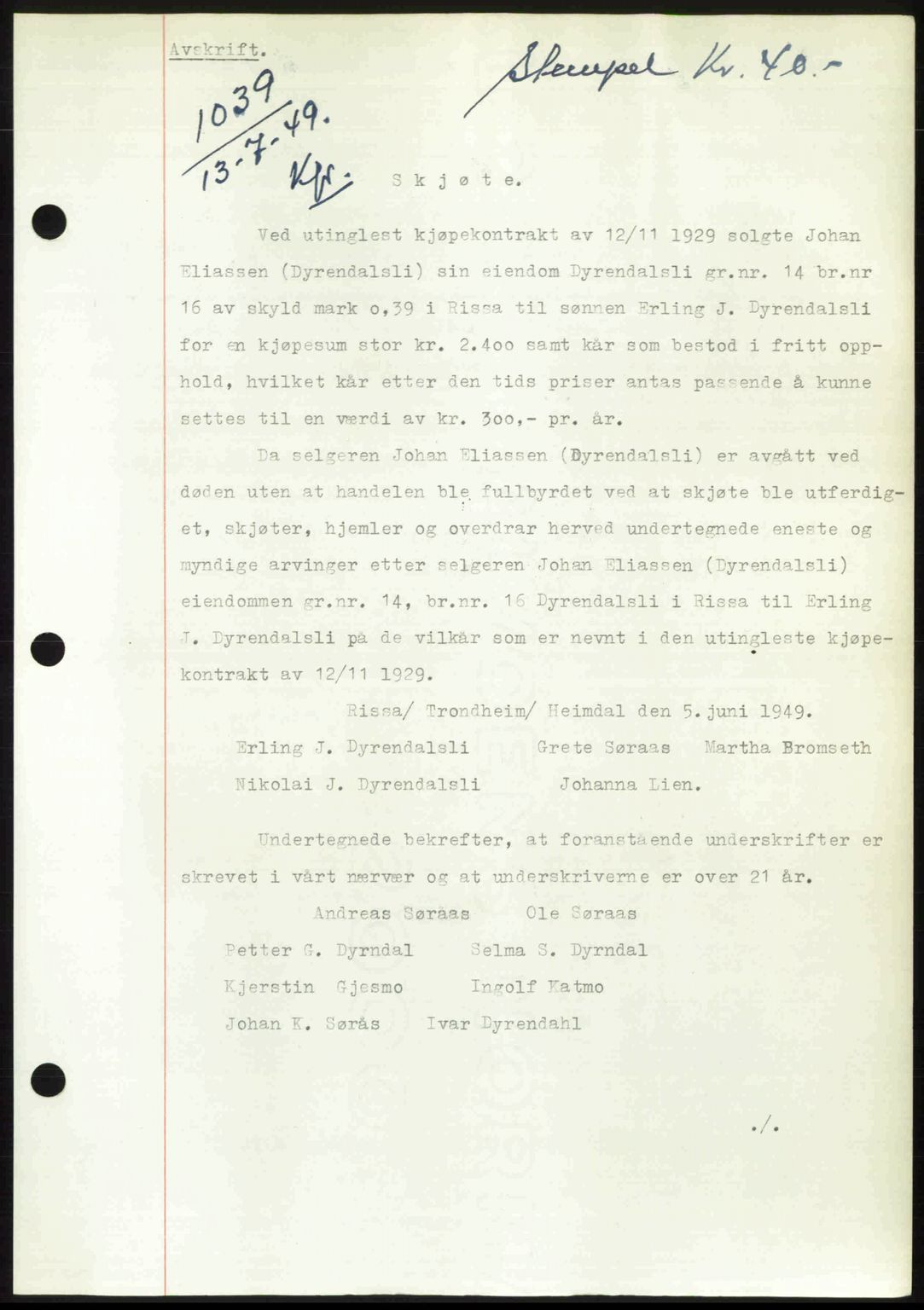 Fosen sorenskriveri, AV/SAT-A-1107/1/2/2C: Mortgage book no. A7-9, 1947-1949, Diary no: : 1039/1949