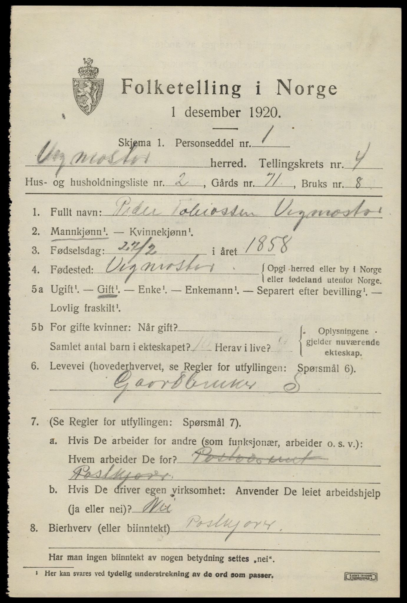 SAK, 1920 census for Vigmostad, 1920, p. 1213