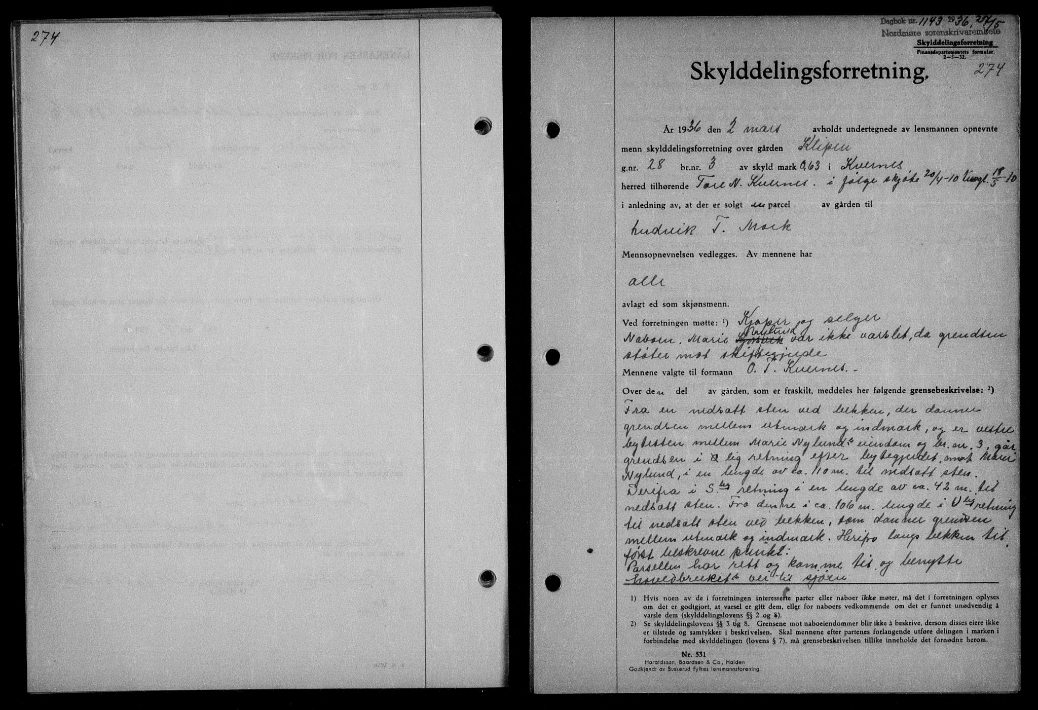 Nordmøre sorenskriveri, AV/SAT-A-4132/1/2/2Ca/L0088: Mortgage book no. 78, 1936-1936, Diary no: : 1143/1936