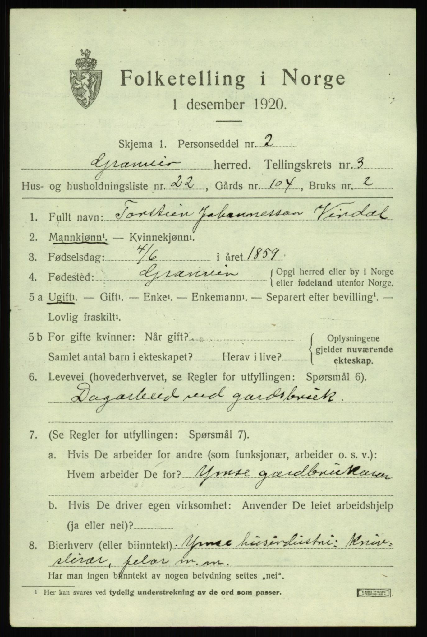 SAB, 1920 census for Granvin, 1920, p. 1380