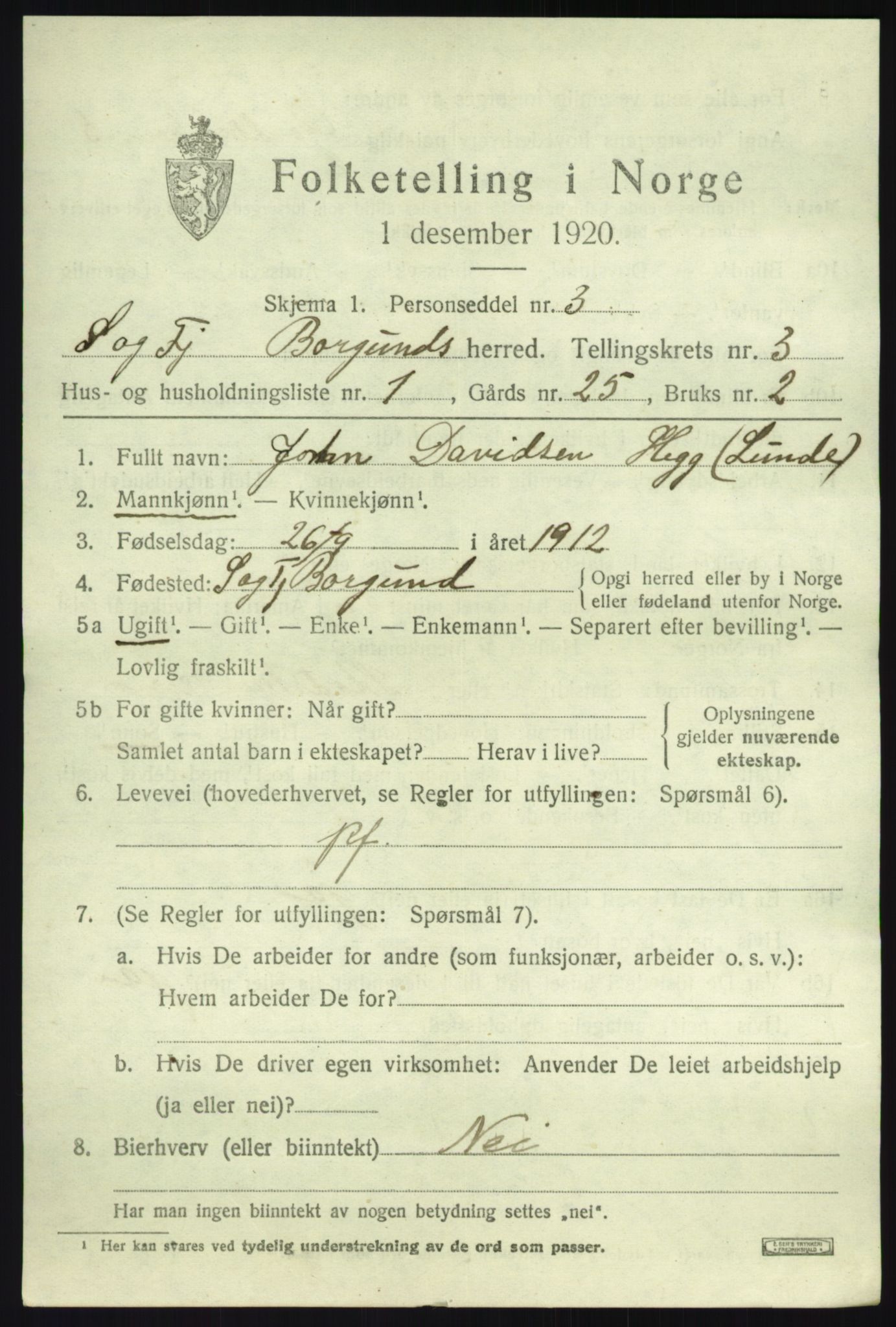 SAB, 1920 census for Borgund, 1920, p. 1094