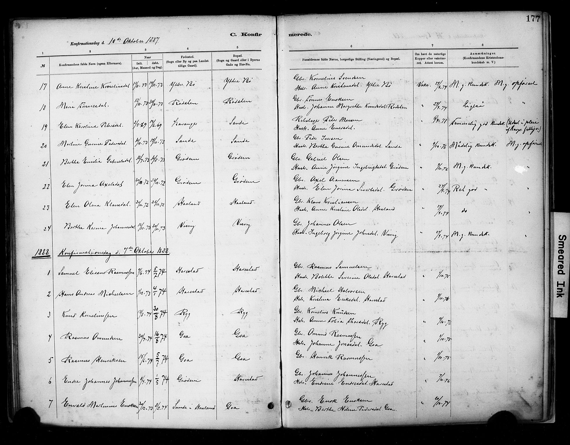Hetland sokneprestkontor, SAST/A-101826/30/30BA/L0009: Parish register (official) no. A 9, 1882-1918, p. 177
