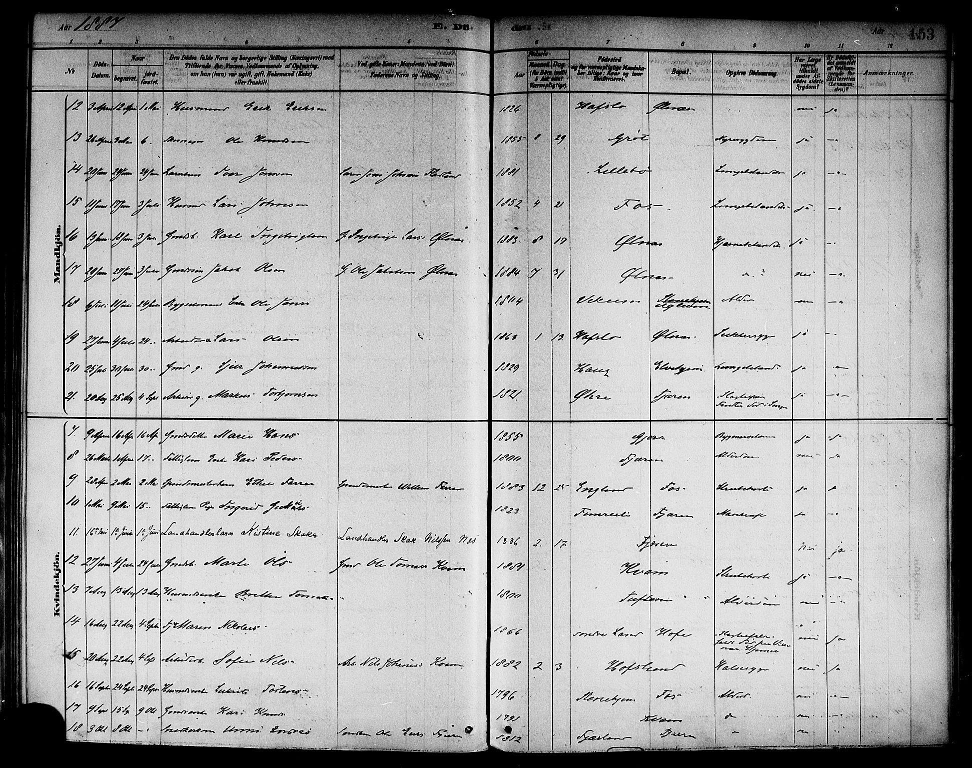 Sogndal sokneprestembete, AV/SAB-A-81301/H/Haa/Haab/L0001: Parish register (official) no. B 1, 1878-1899, p. 153