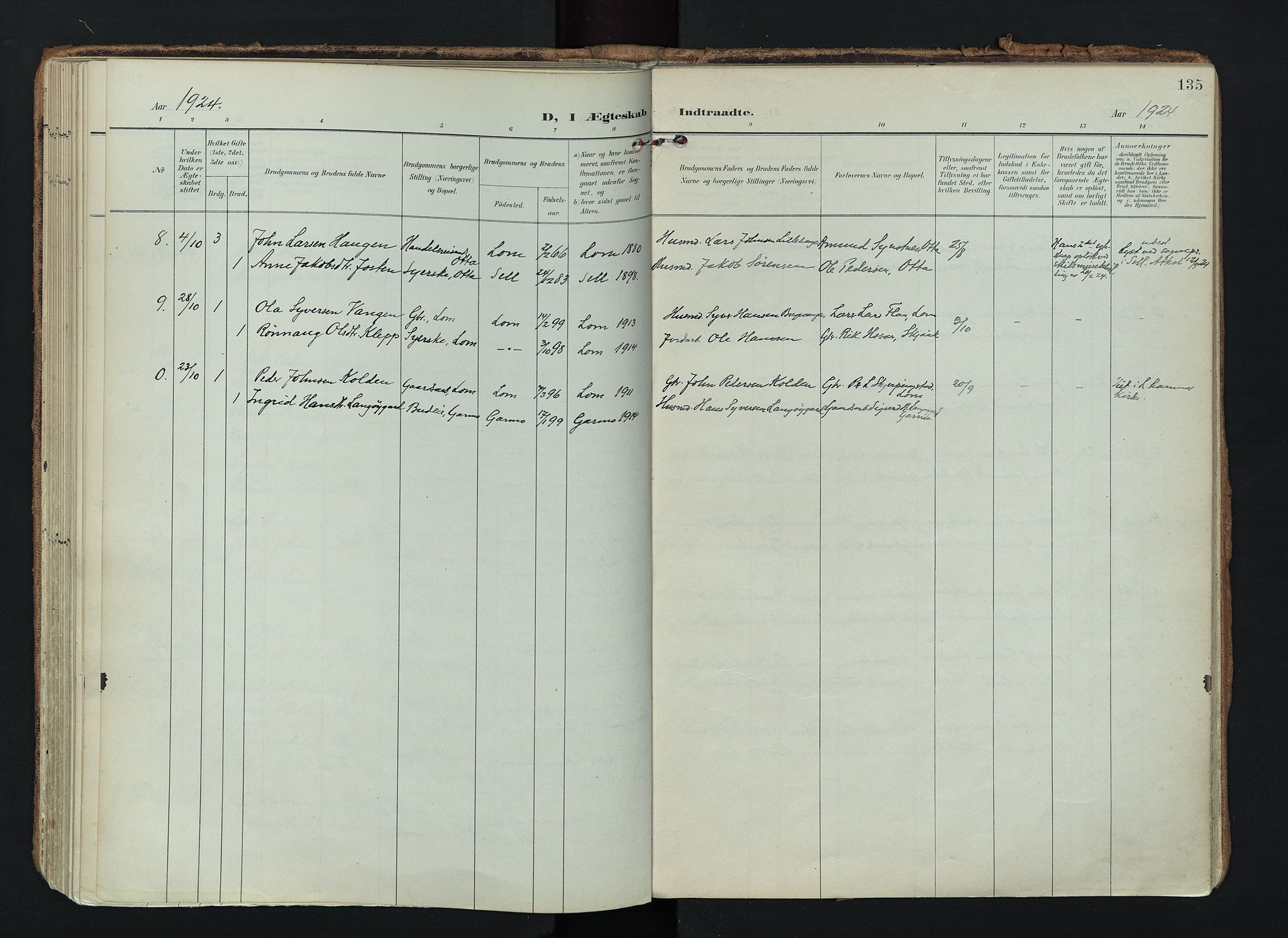 Lom prestekontor, SAH/PREST-070/K/L0010: Parish register (official) no. 10, 1899-1926, p. 135