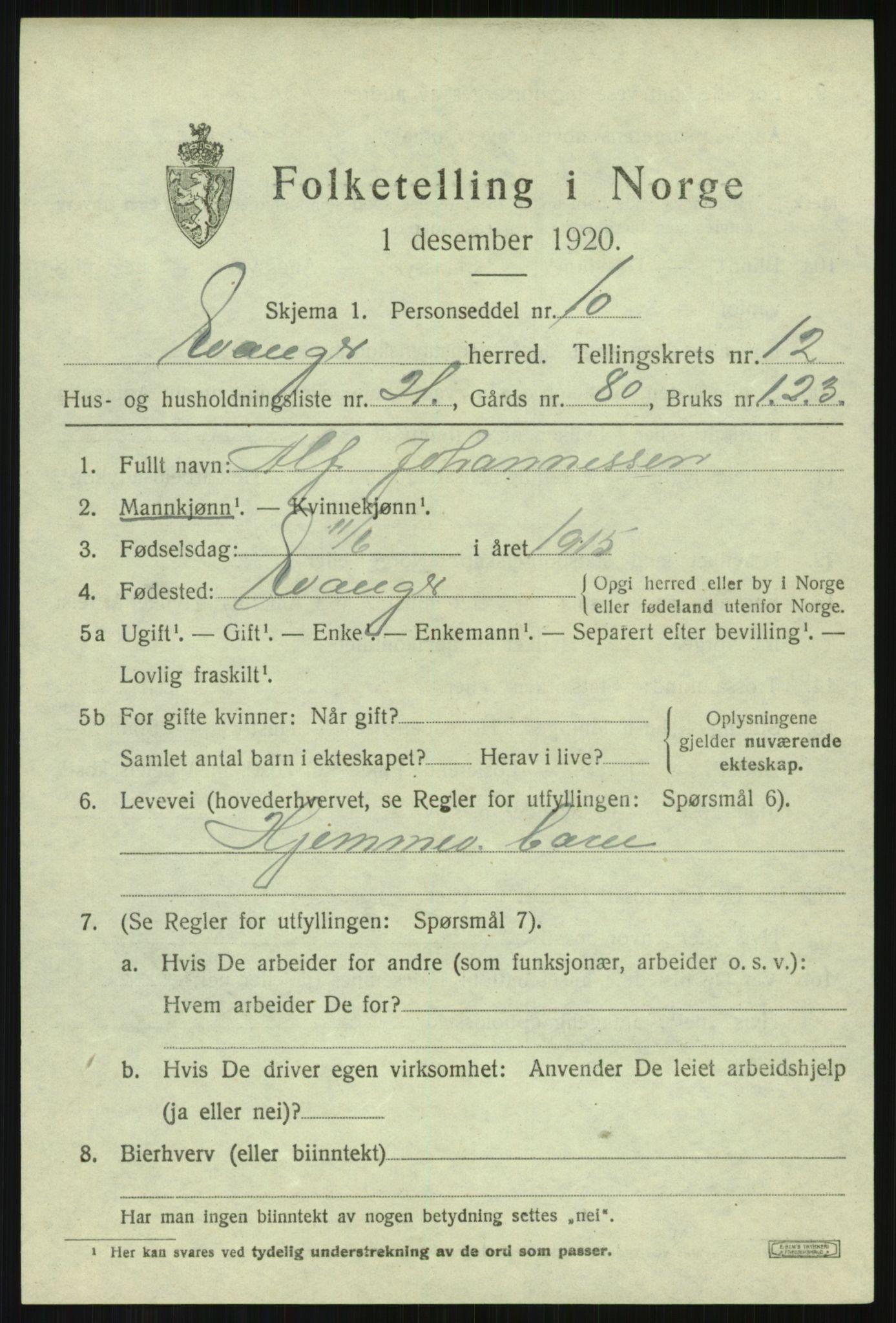 SAB, 1920 census for Evanger, 1920, p. 3897