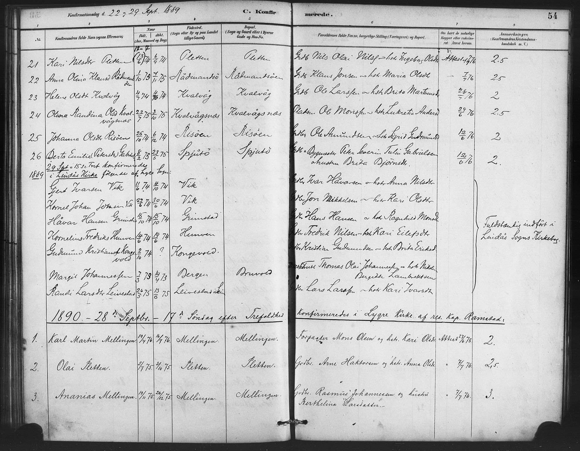 Lindås Sokneprestembete, SAB/A-76701/H/Haa: Parish register (official) no. E 1, 1886-1897, p. 54