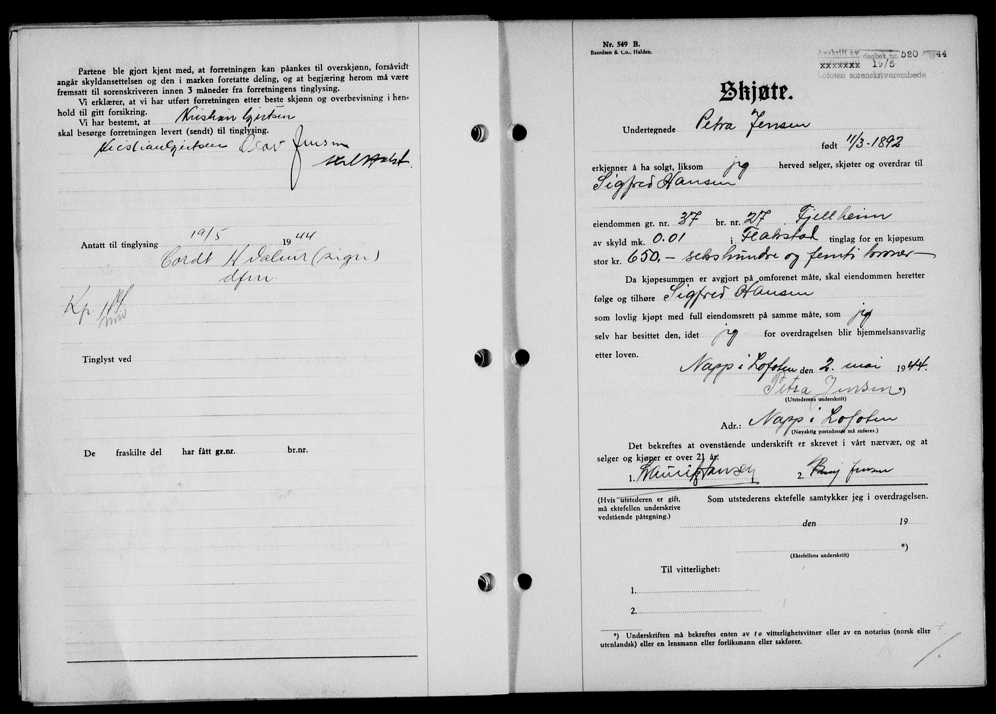 Lofoten sorenskriveri, SAT/A-0017/1/2/2C/L0012a: Mortgage book no. 12a, 1943-1944, Diary no: : 520/1944
