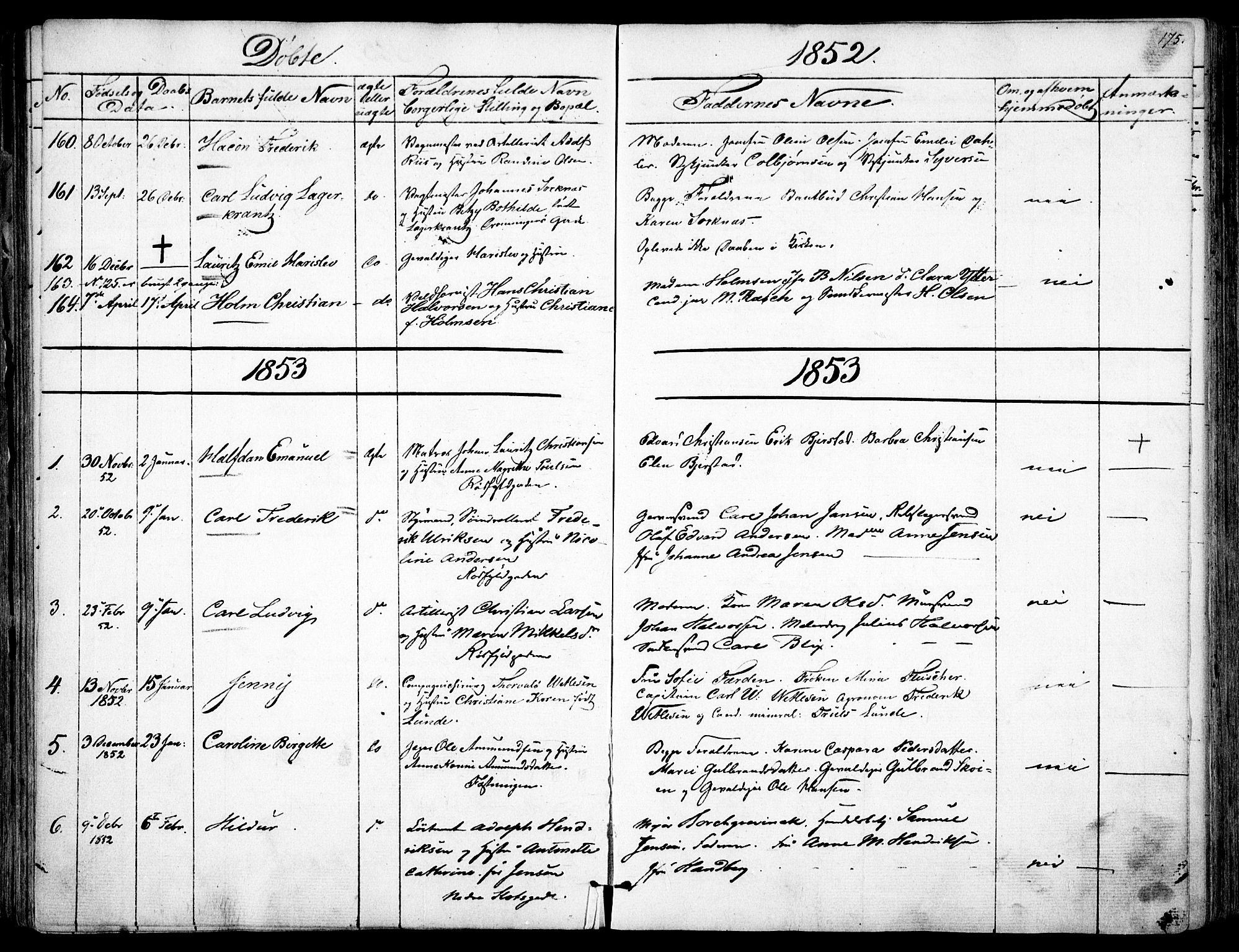 Garnisonsmenigheten Kirkebøker, SAO/A-10846/F/Fa/L0008: Parish register (official) no. 8, 1842-1859, p. 175