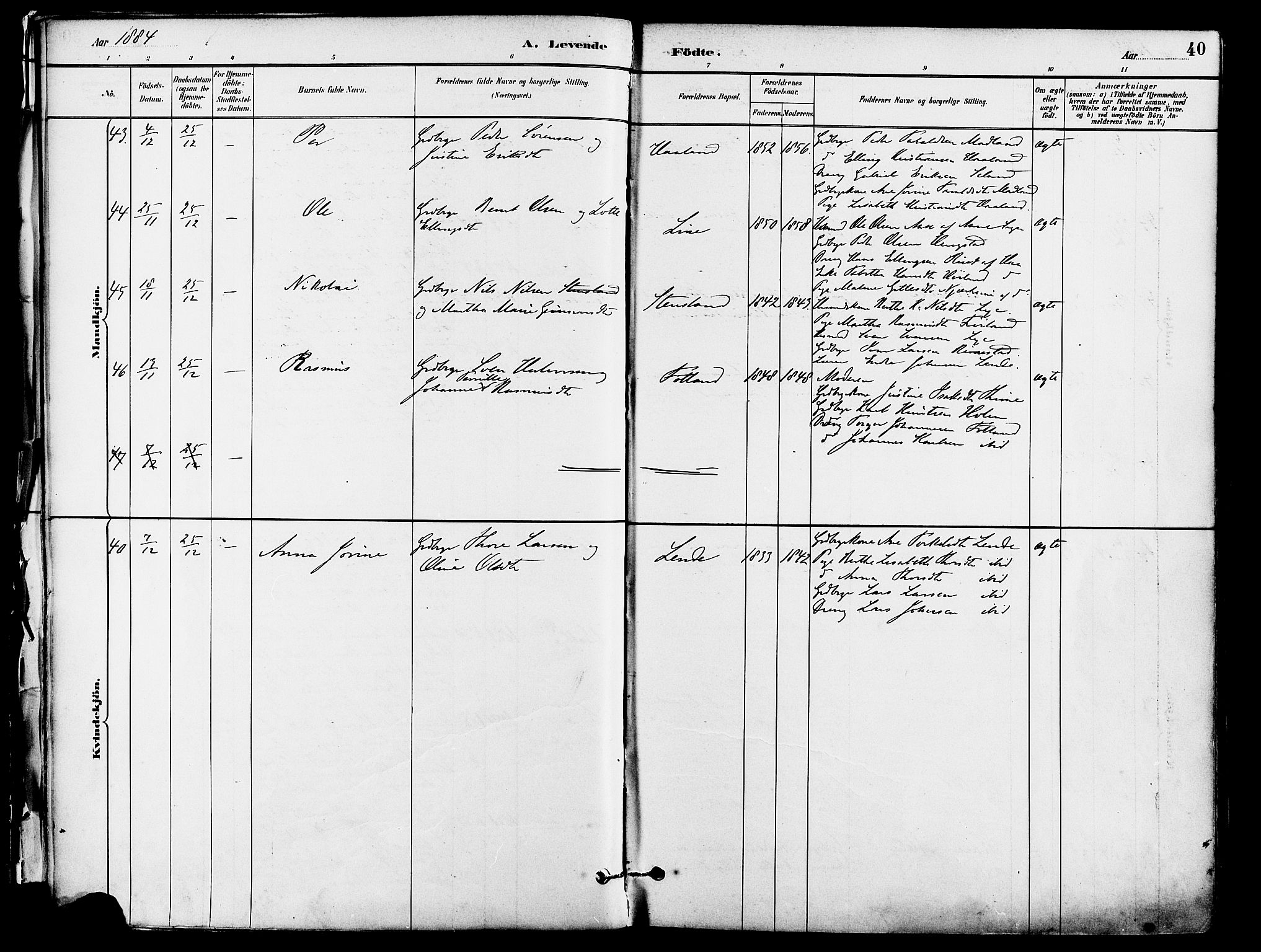 Lye sokneprestkontor, SAST/A-101794/001/30BA/L0009: Parish register (official) no. A 8, 1881-1892, p. 40