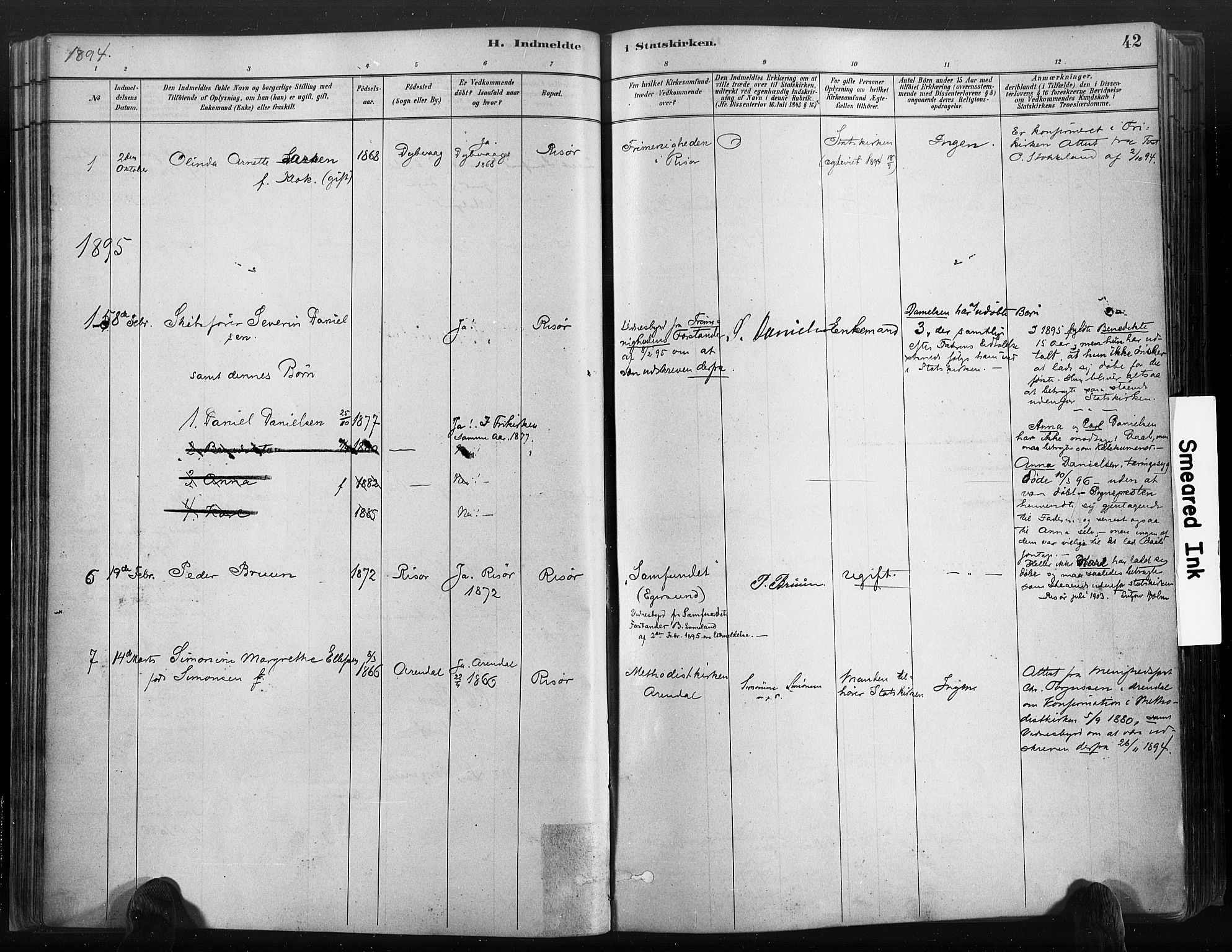 Risør sokneprestkontor, SAK/1111-0035/F/Fa/L0006: Parish register (official) no. A 6, 1883-1908, p. 42