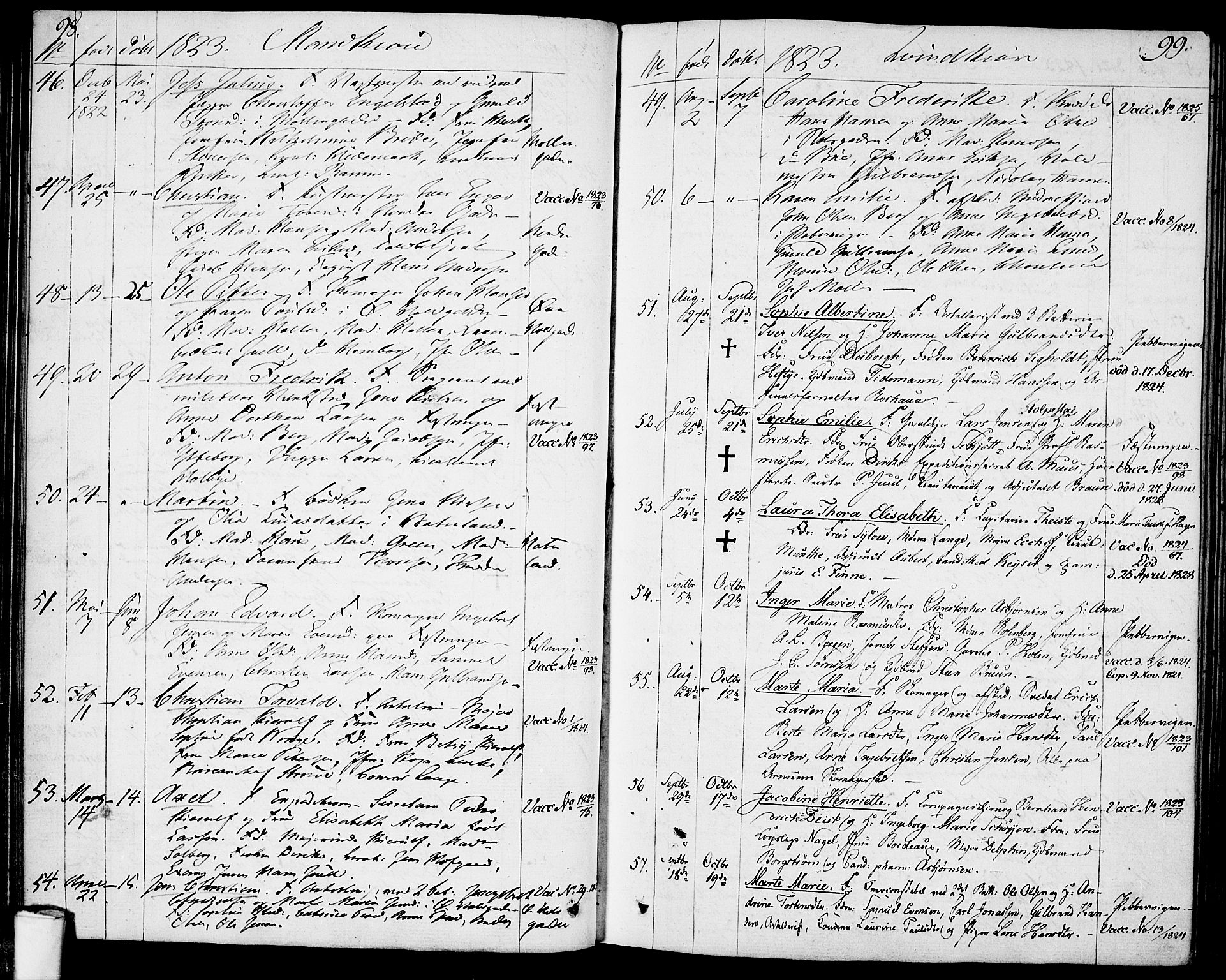 Garnisonsmenigheten Kirkebøker, SAO/A-10846/F/Fa/L0004: Parish register (official) no. 4, 1820-1828, p. 98-99