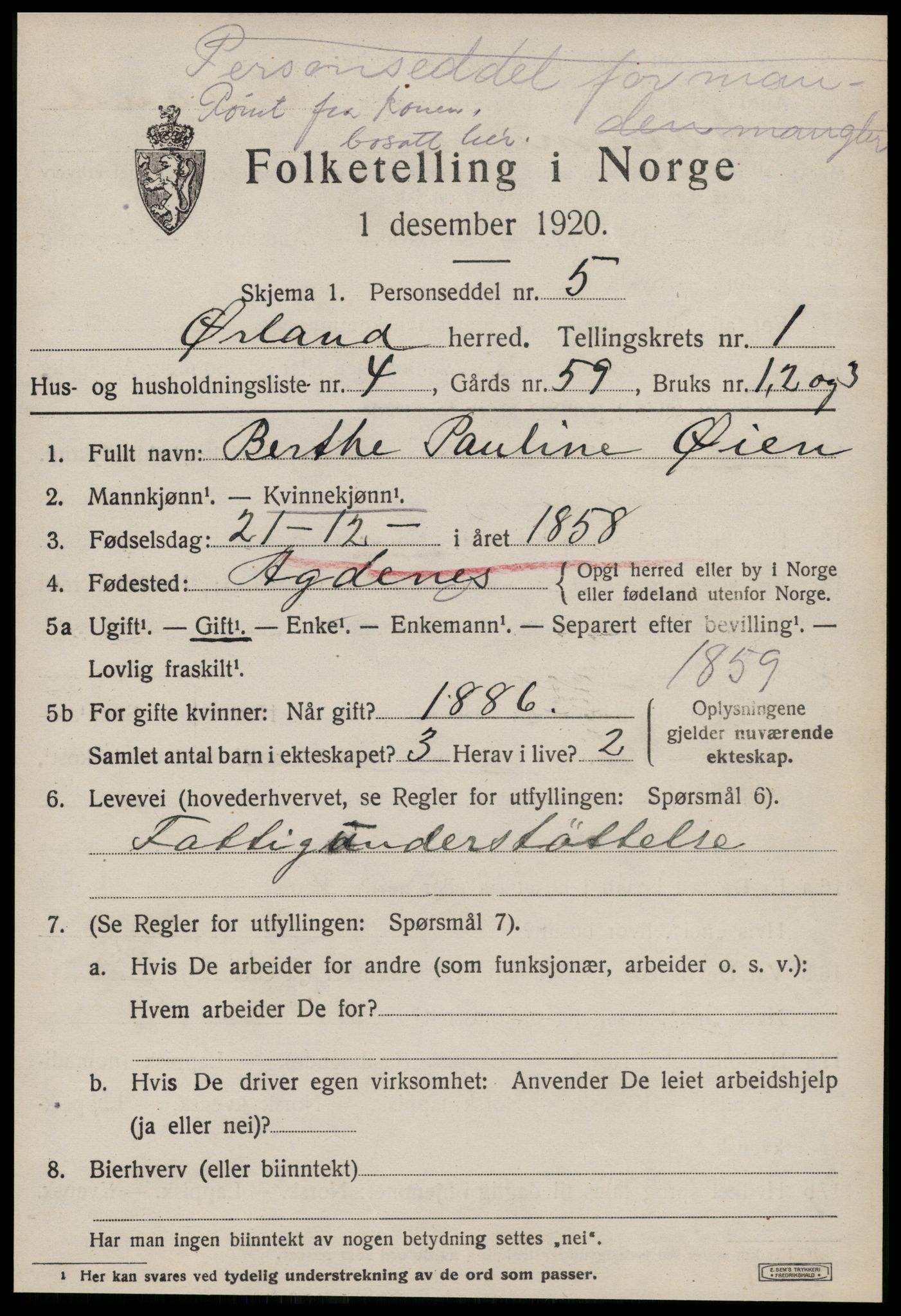 SAT, 1920 census for Ørland, 1920, p. 1399
