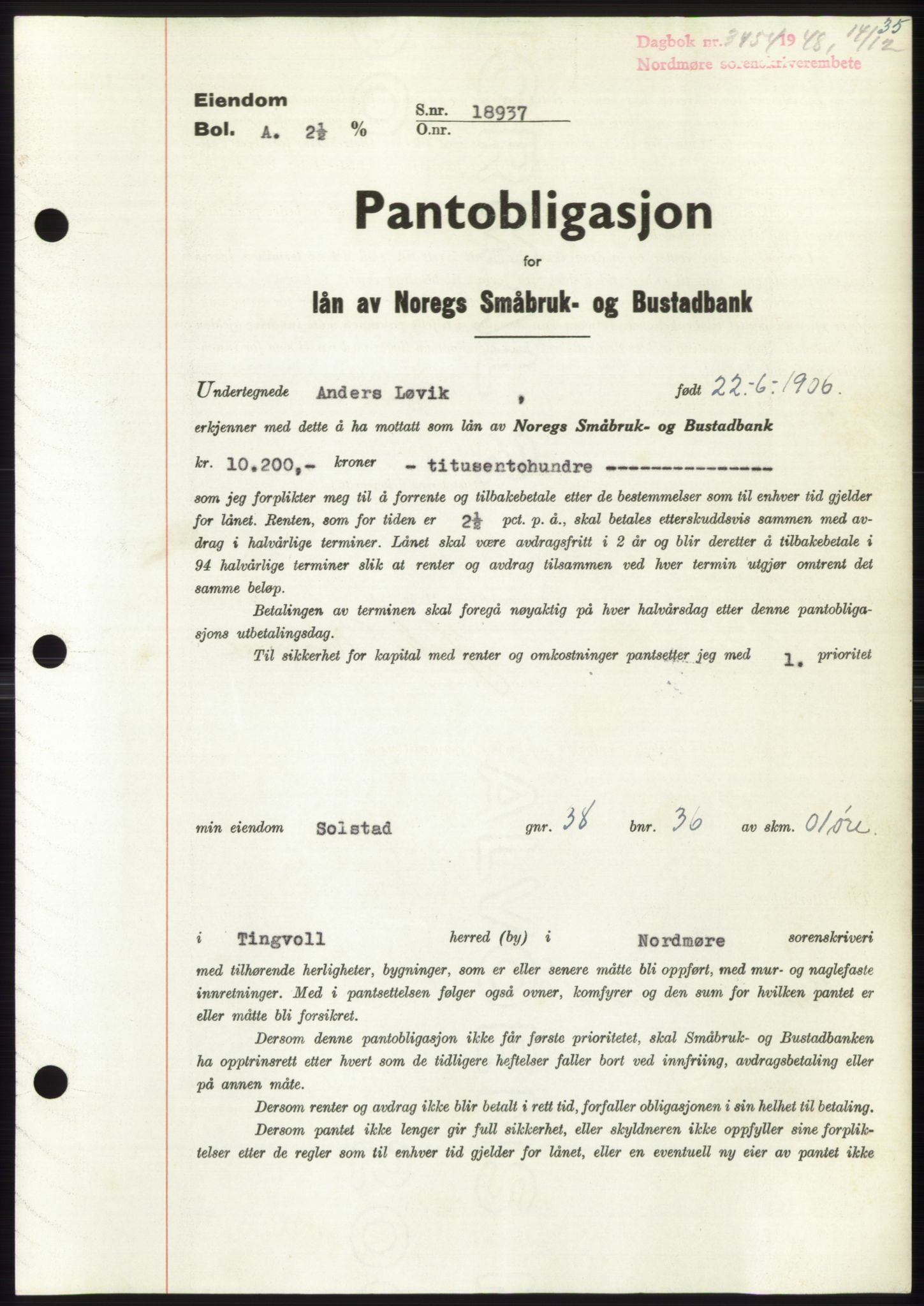 Nordmøre sorenskriveri, AV/SAT-A-4132/1/2/2Ca: Mortgage book no. B100, 1948-1949, Diary no: : 3454/1948