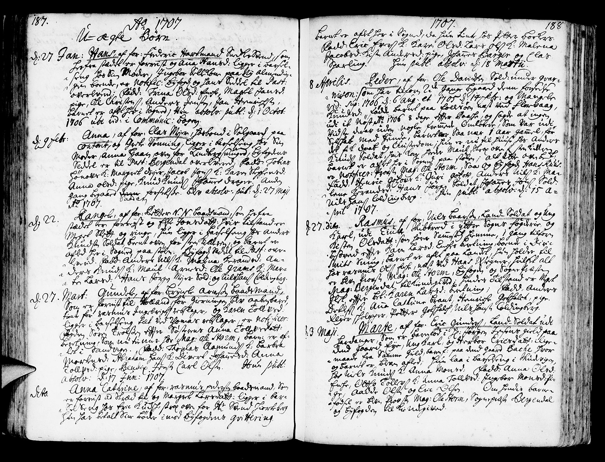 Korskirken sokneprestembete, AV/SAB-A-76101/H/Haa/L0003: Parish register (official) no. A 3, 1698-1719, p. 187-188