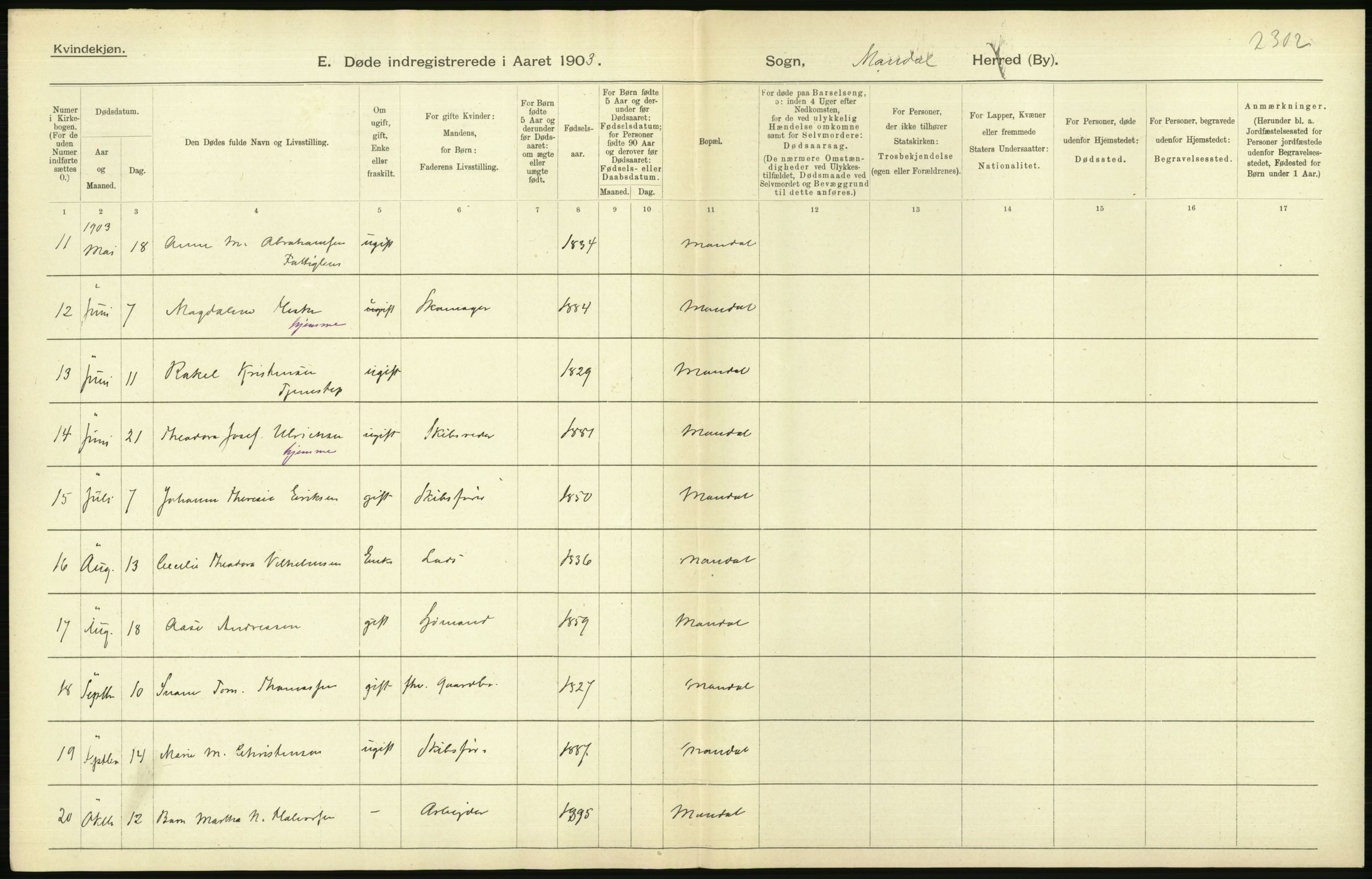 Statistisk sentralbyrå, Sosiodemografiske emner, Befolkning, AV/RA-S-2228/D/Df/Dfa/Dfaa/L0011: Lister og Mandal amt: Fødte, gifte, døde, 1903, p. 522