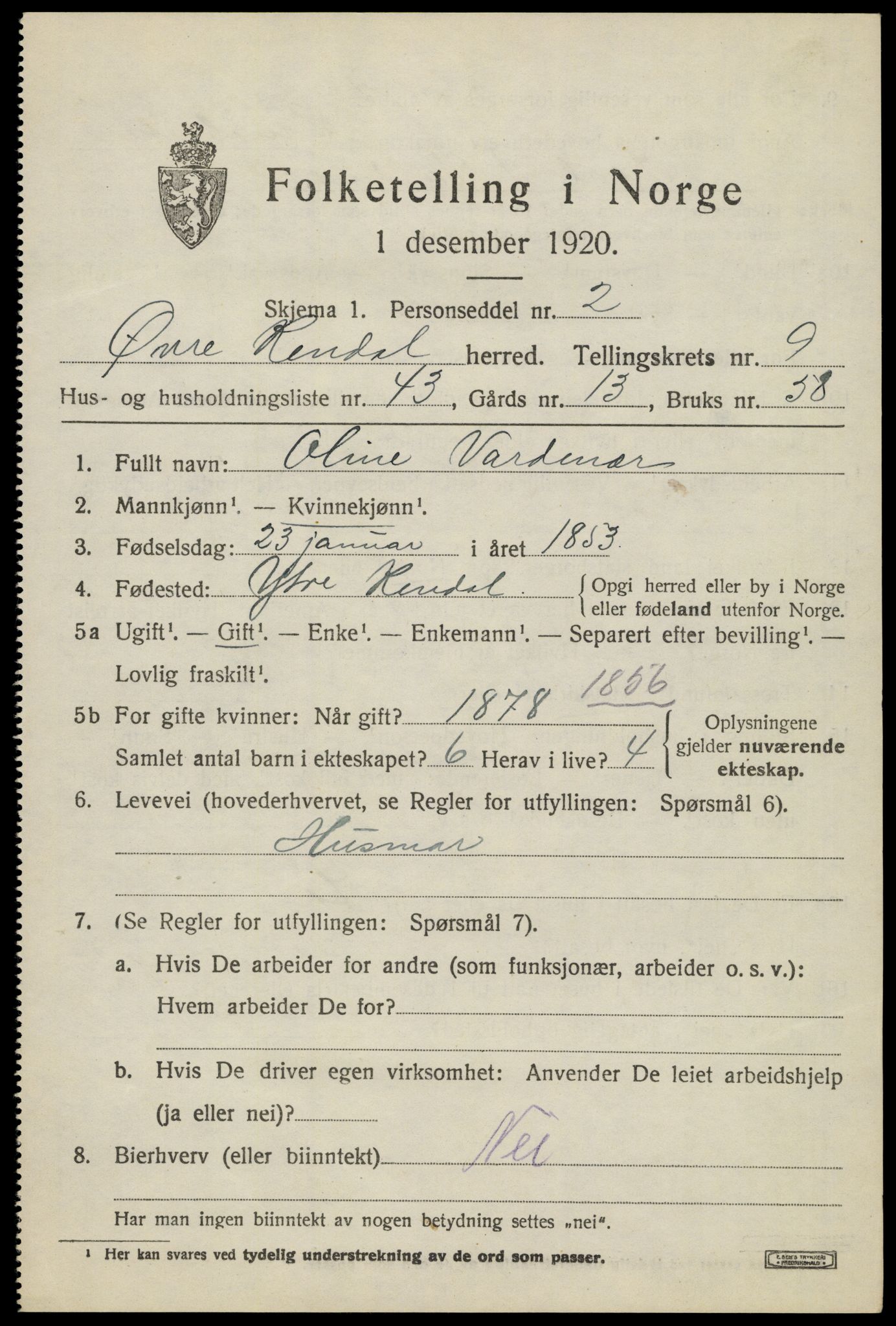 SAH, 1920 census for Øvre Rendal, 1920, p. 3793