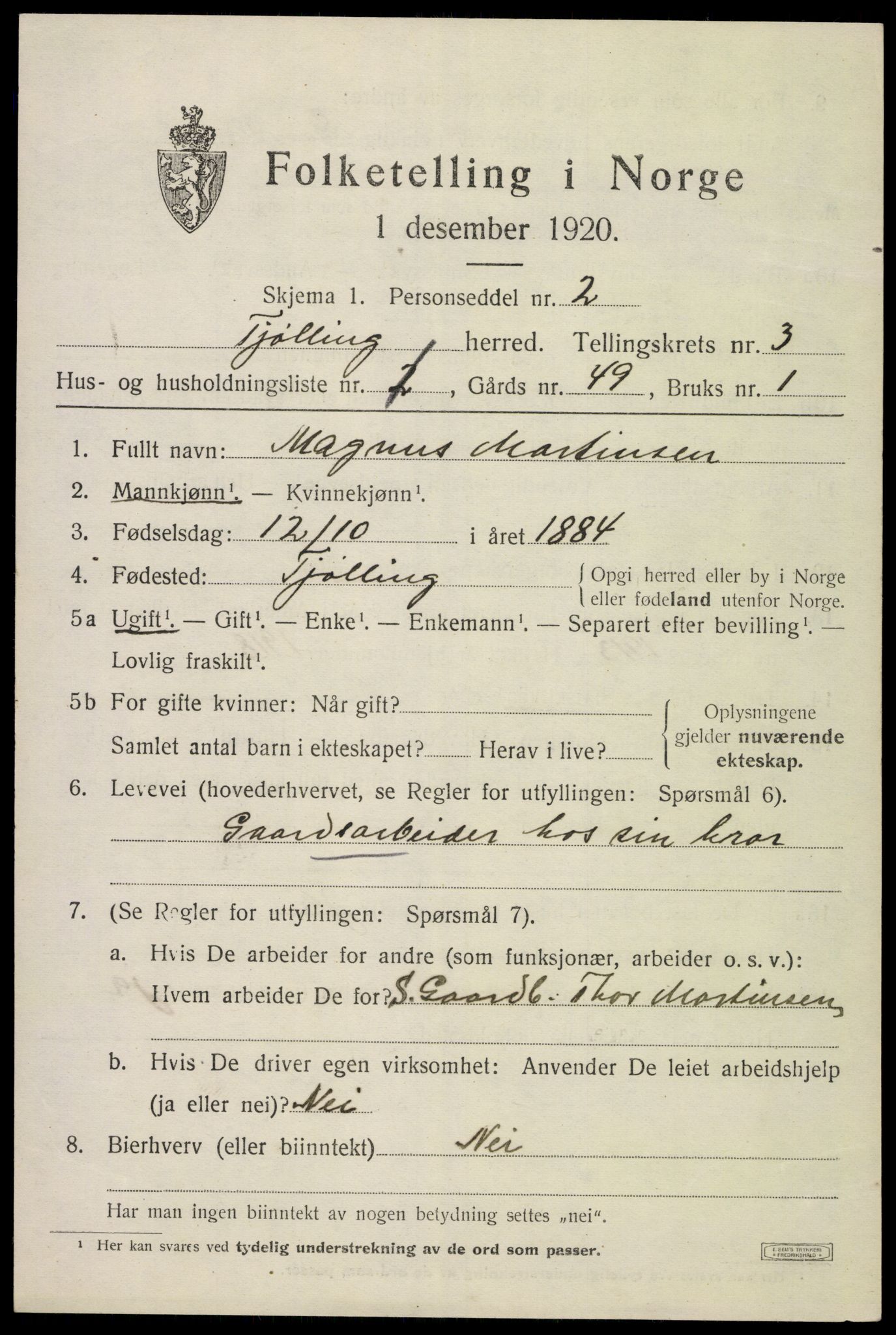 SAKO, 1920 census for Tjølling, 1920, p. 6929