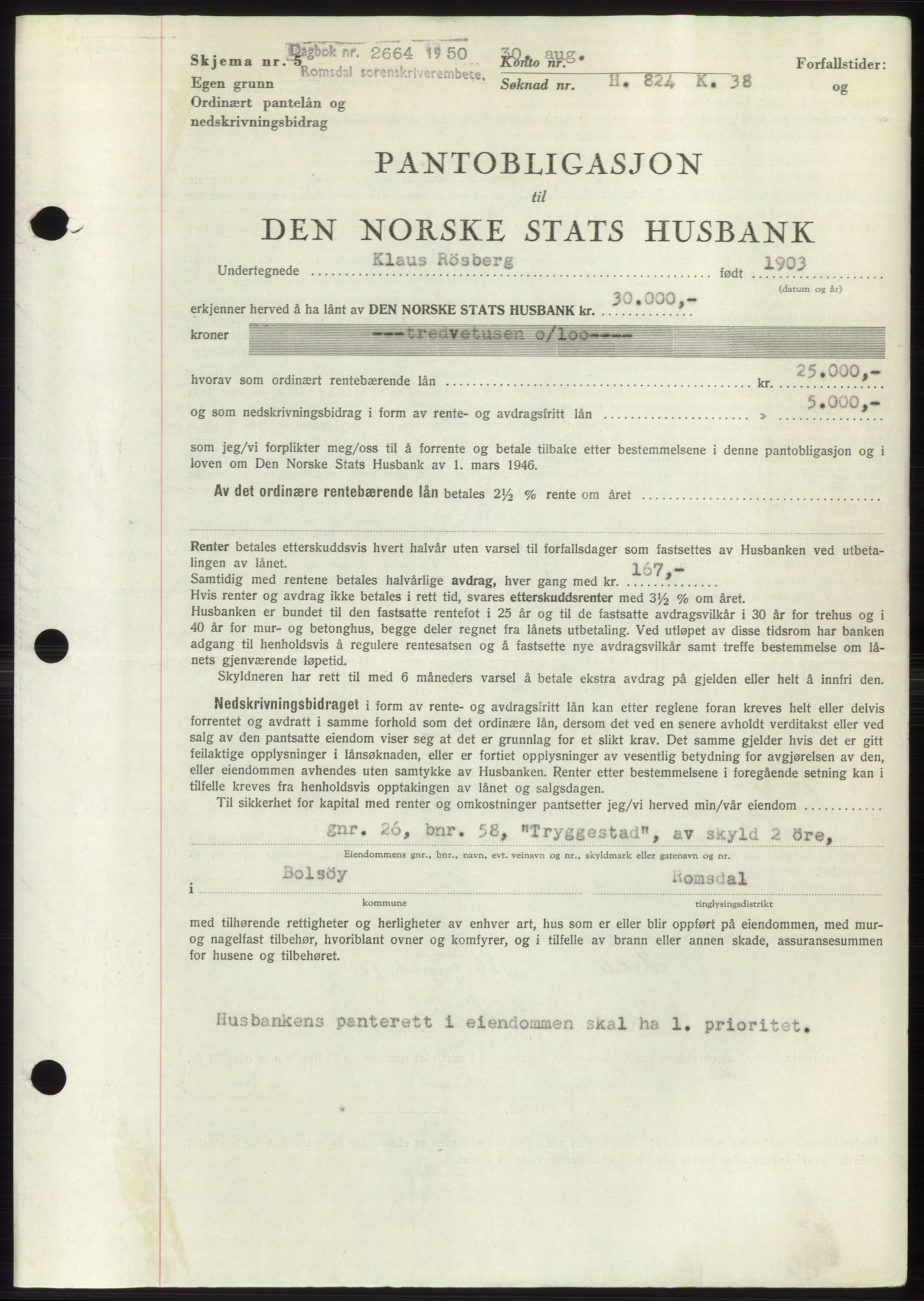 Romsdal sorenskriveri, AV/SAT-A-4149/1/2/2C: Mortgage book no. B5, 1949-1950, Diary no: : 2664/1950