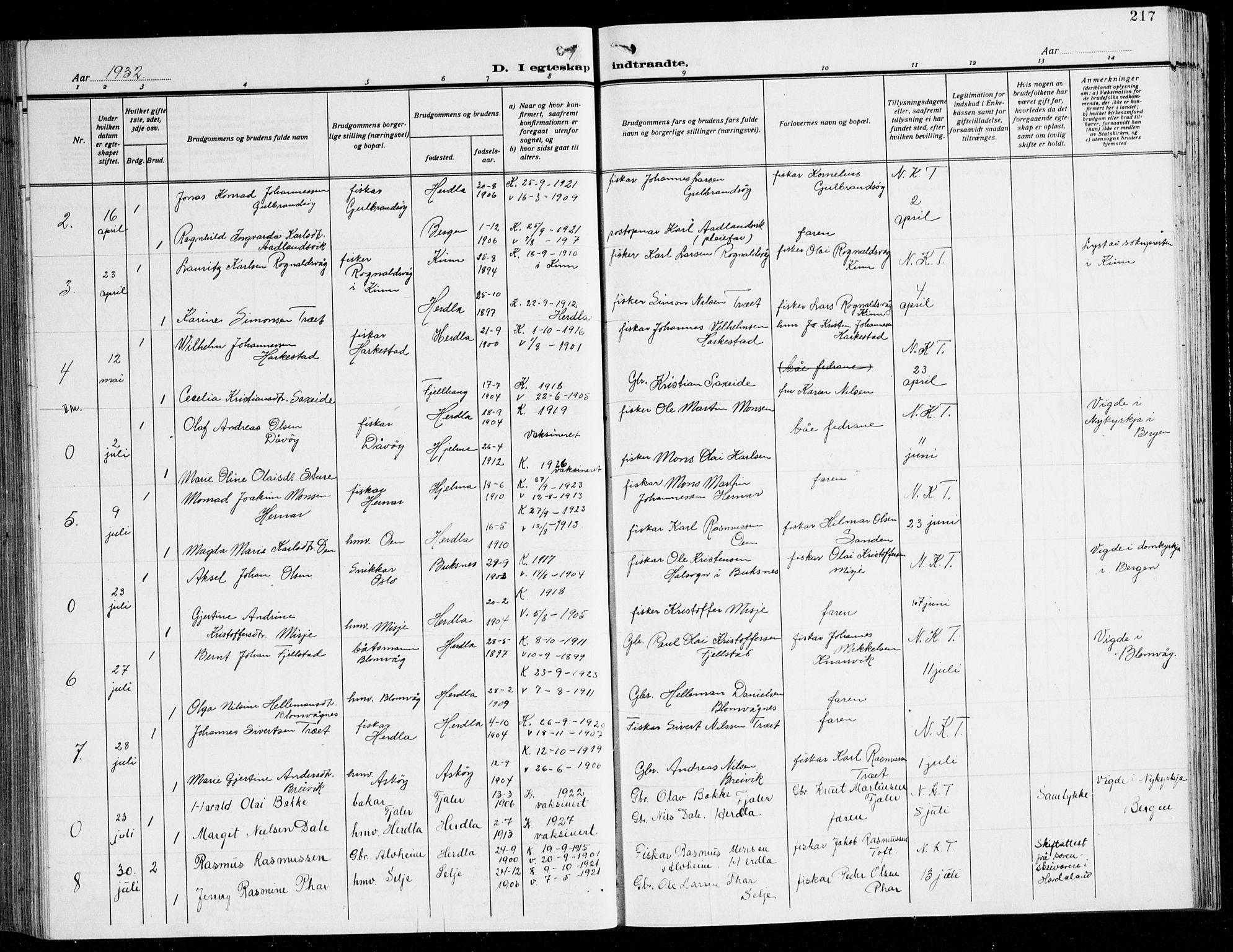 Herdla Sokneprestembete, AV/SAB-A-75701/H/Hab: Parish register (copy) no. C 3, 1926-1940, p. 217