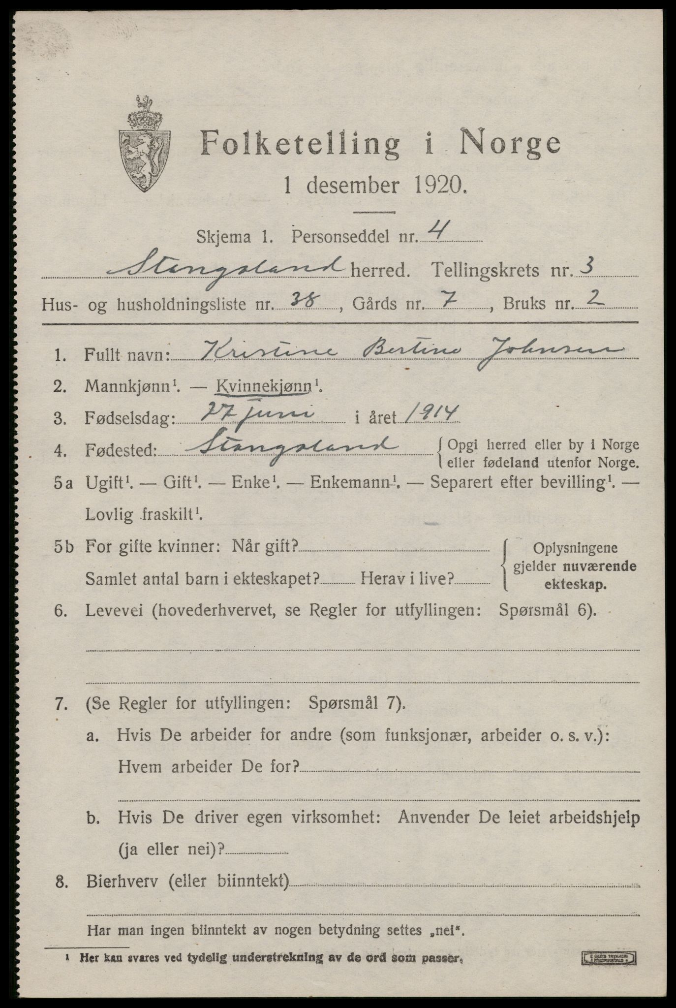 SAST, 1920 census for Stangaland, 1920, p. 2761