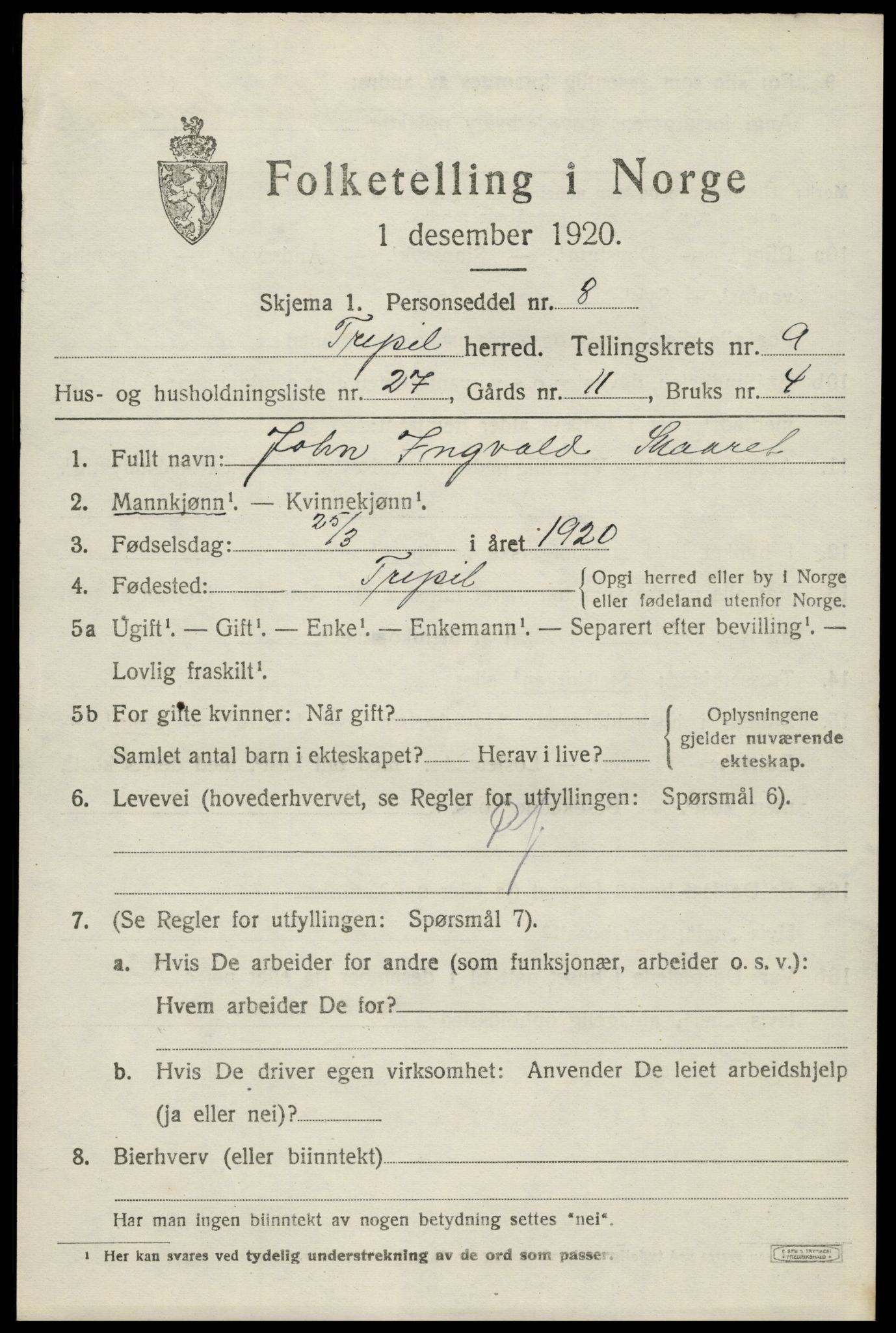 SAH, 1920 census for Trysil, 1920, p. 6853