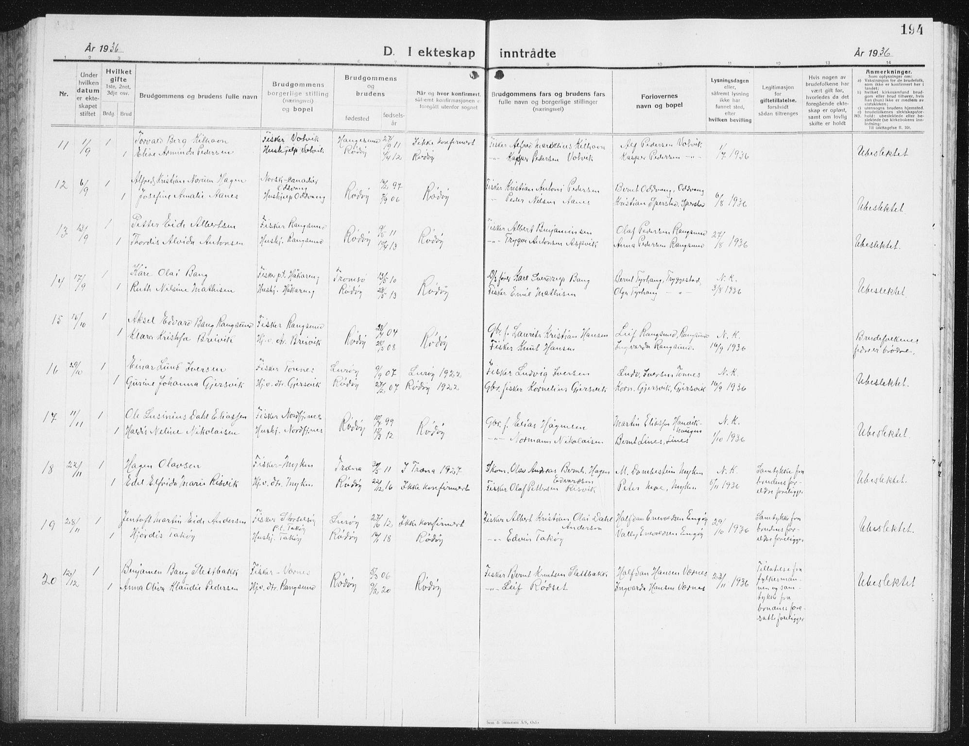 Ministerialprotokoller, klokkerbøker og fødselsregistre - Nordland, AV/SAT-A-1459/841/L0622: Parish register (copy) no. 841C06, 1924-1942, p. 194