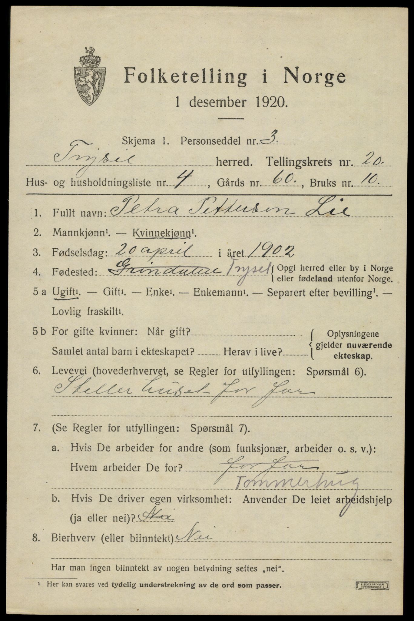 SAH, 1920 census for Trysil, 1920, p. 13043